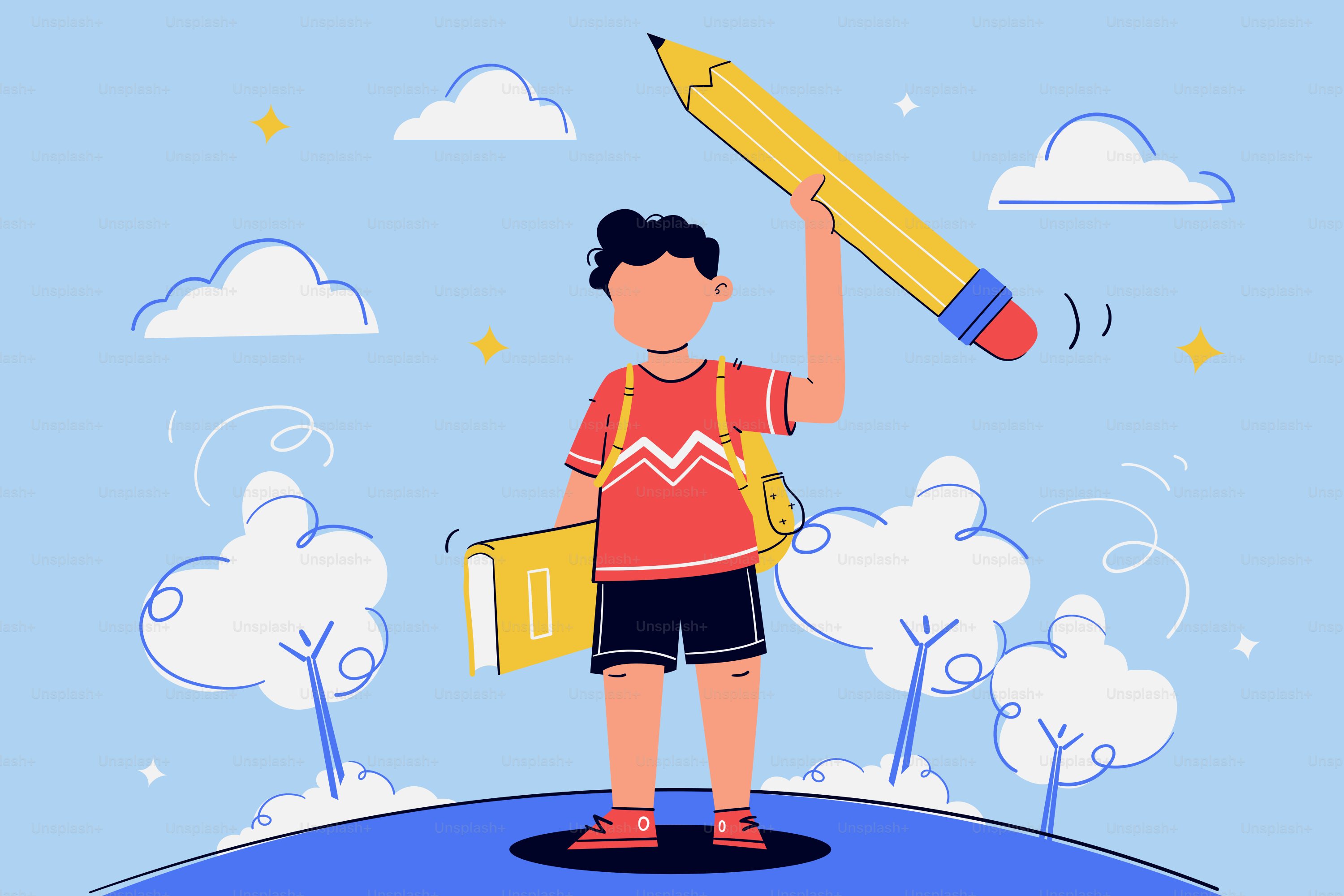 A boy holding a giant pencil and a book