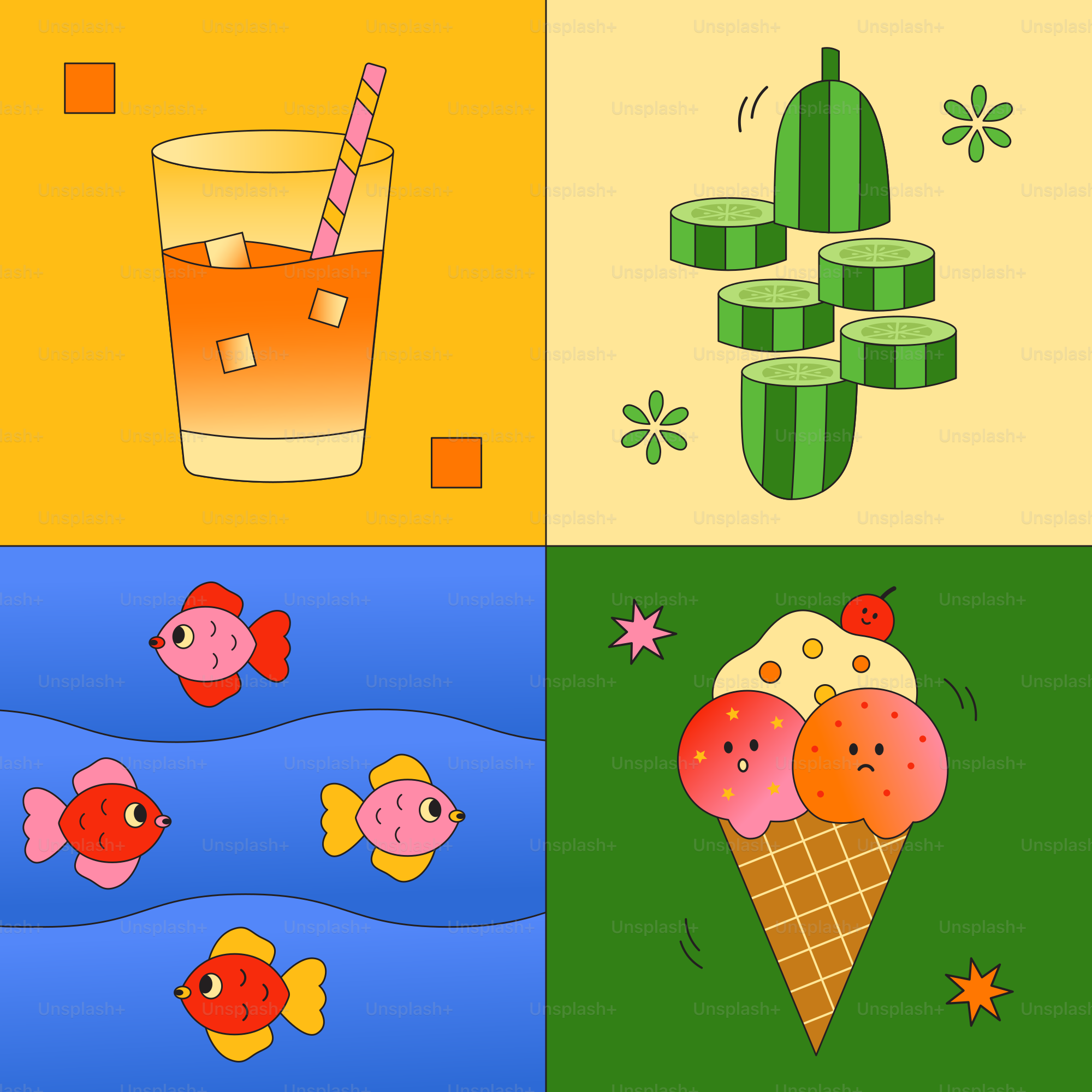 Four different pictures of ice cream, watermelon, and fish