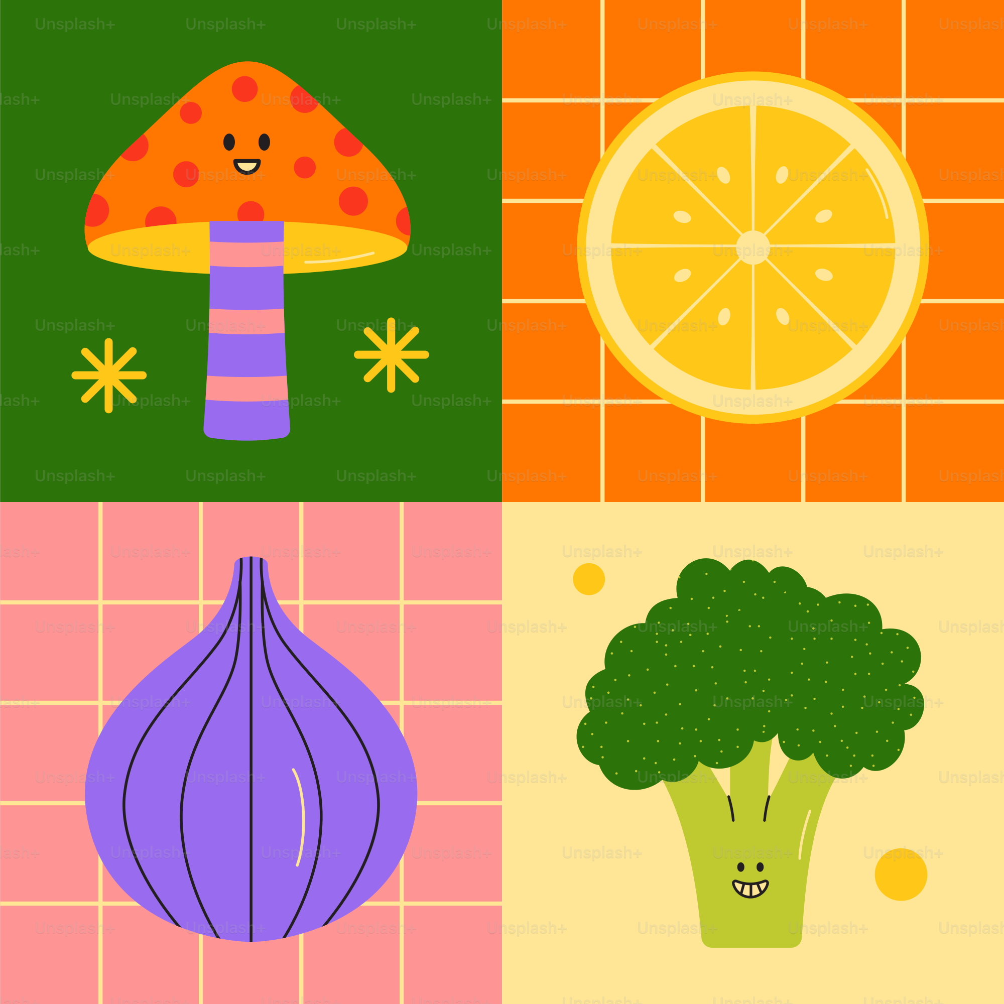 A picture of a bunch of food on a tile background
