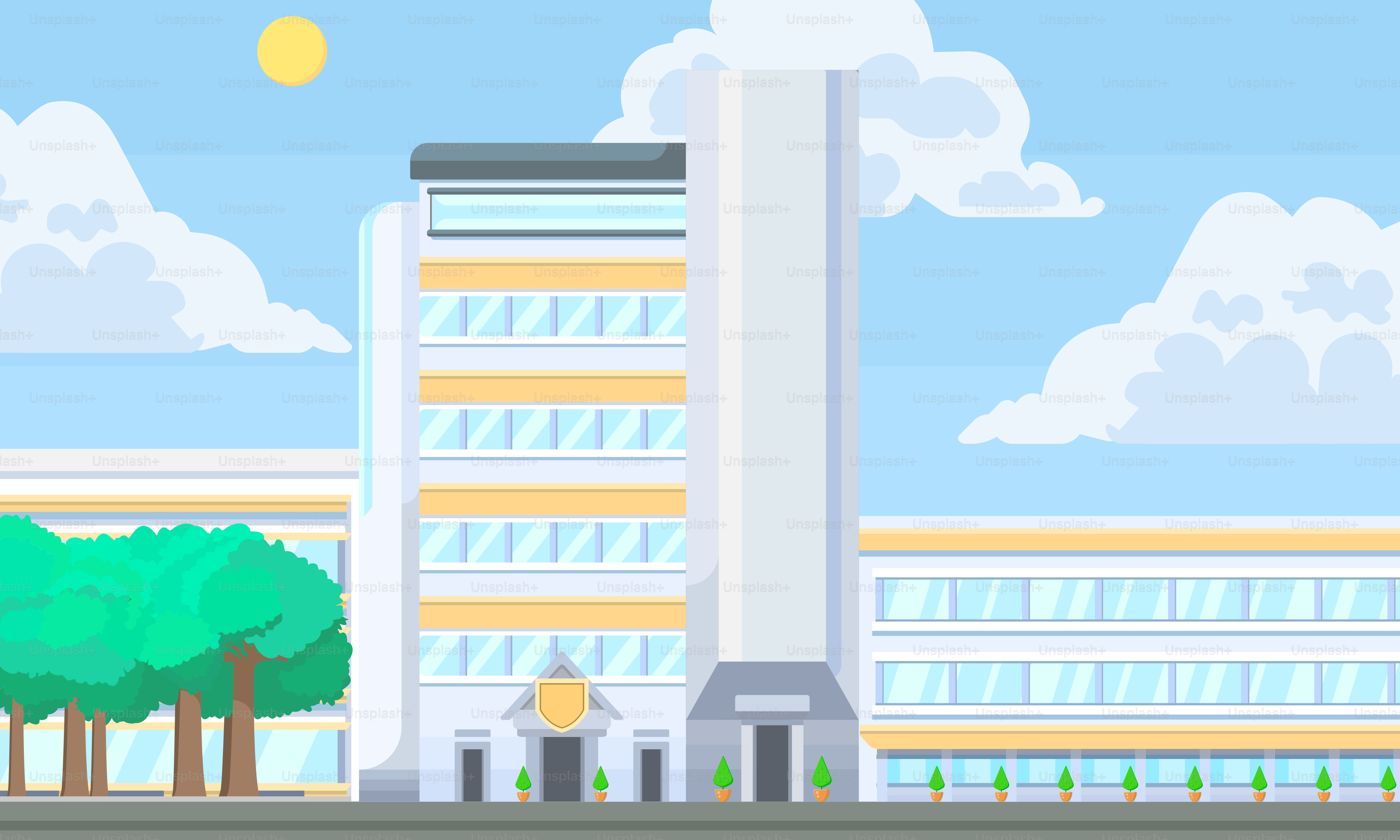 A cartoon of a building with trees in front of it