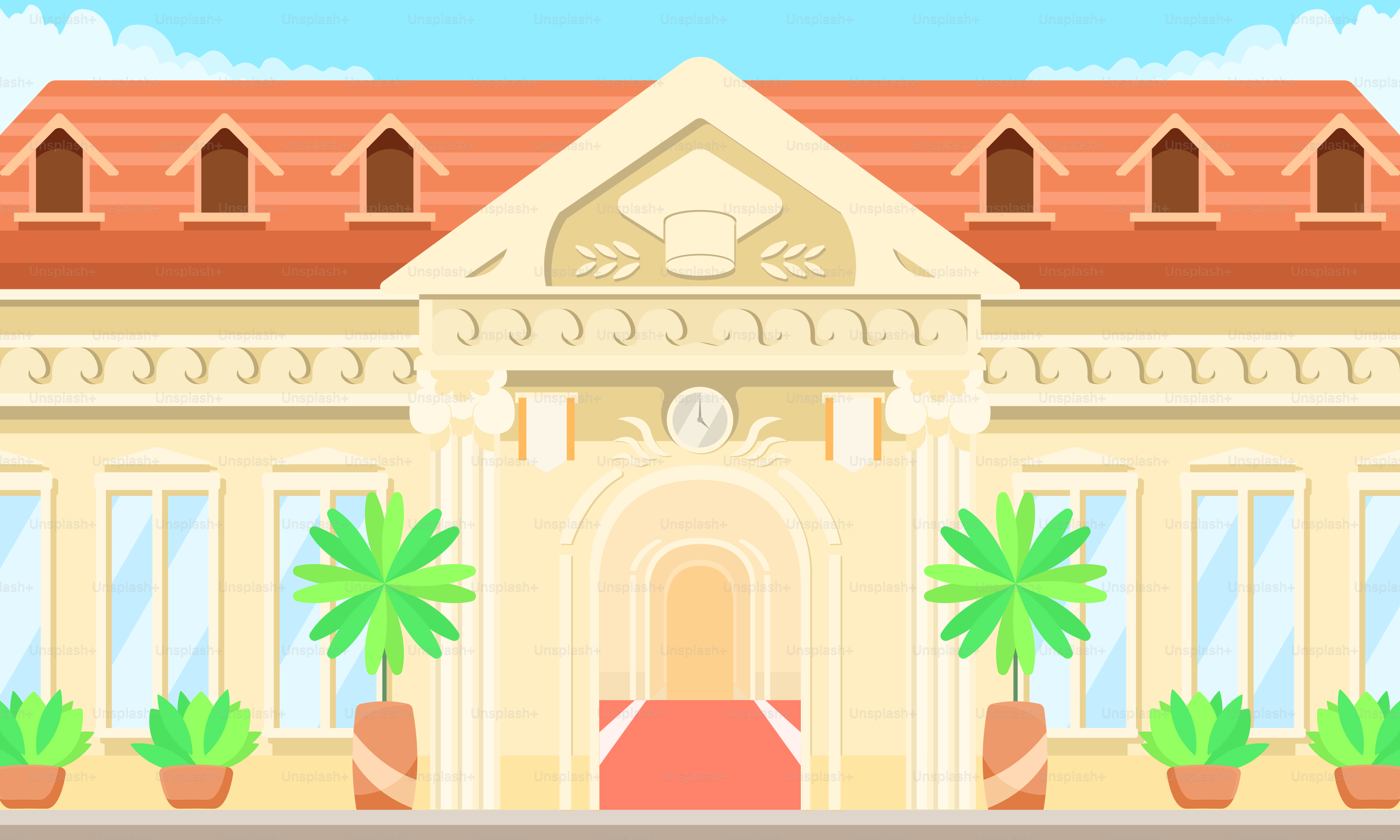 A large building with a red carpet on the ground