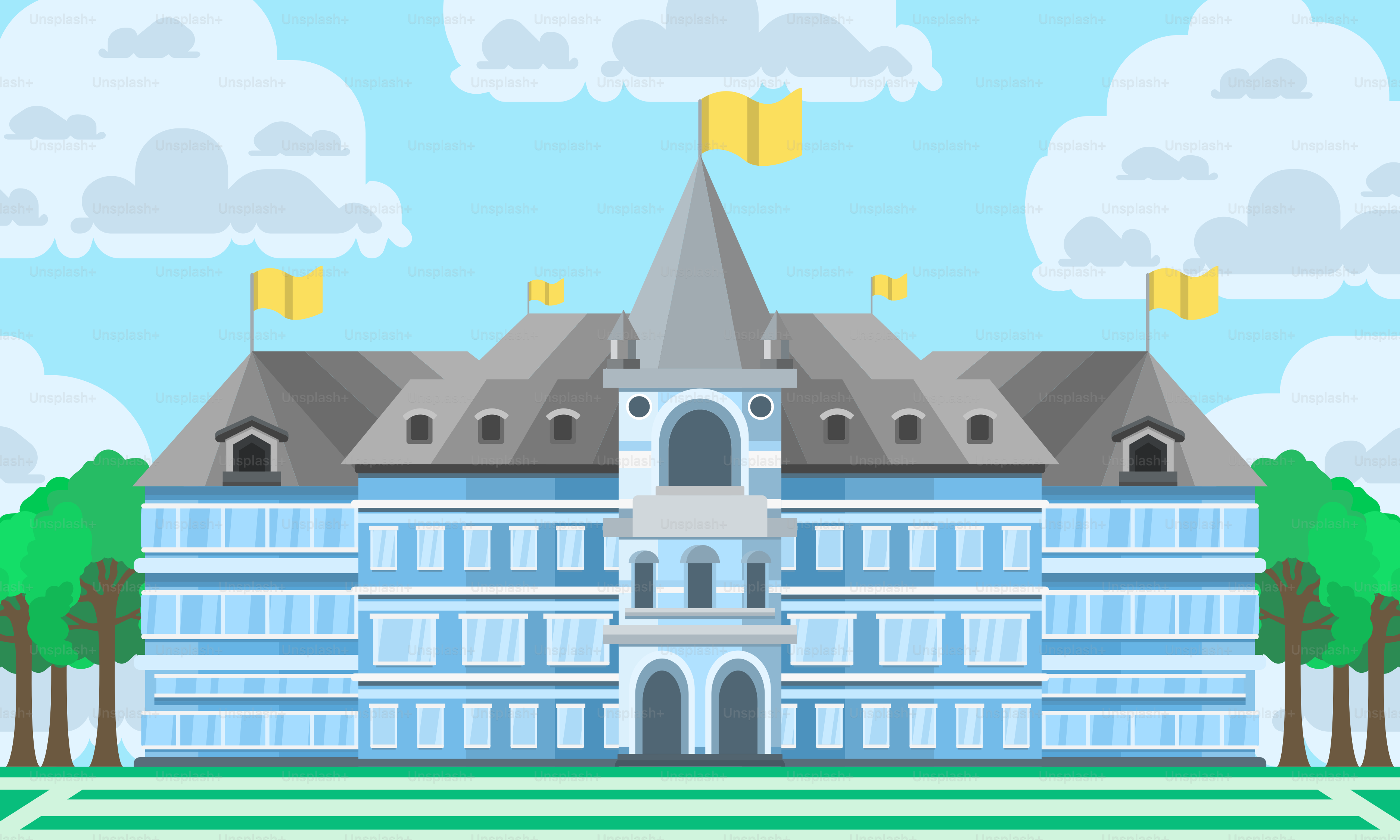 A large blue building with a clock tower on top of it