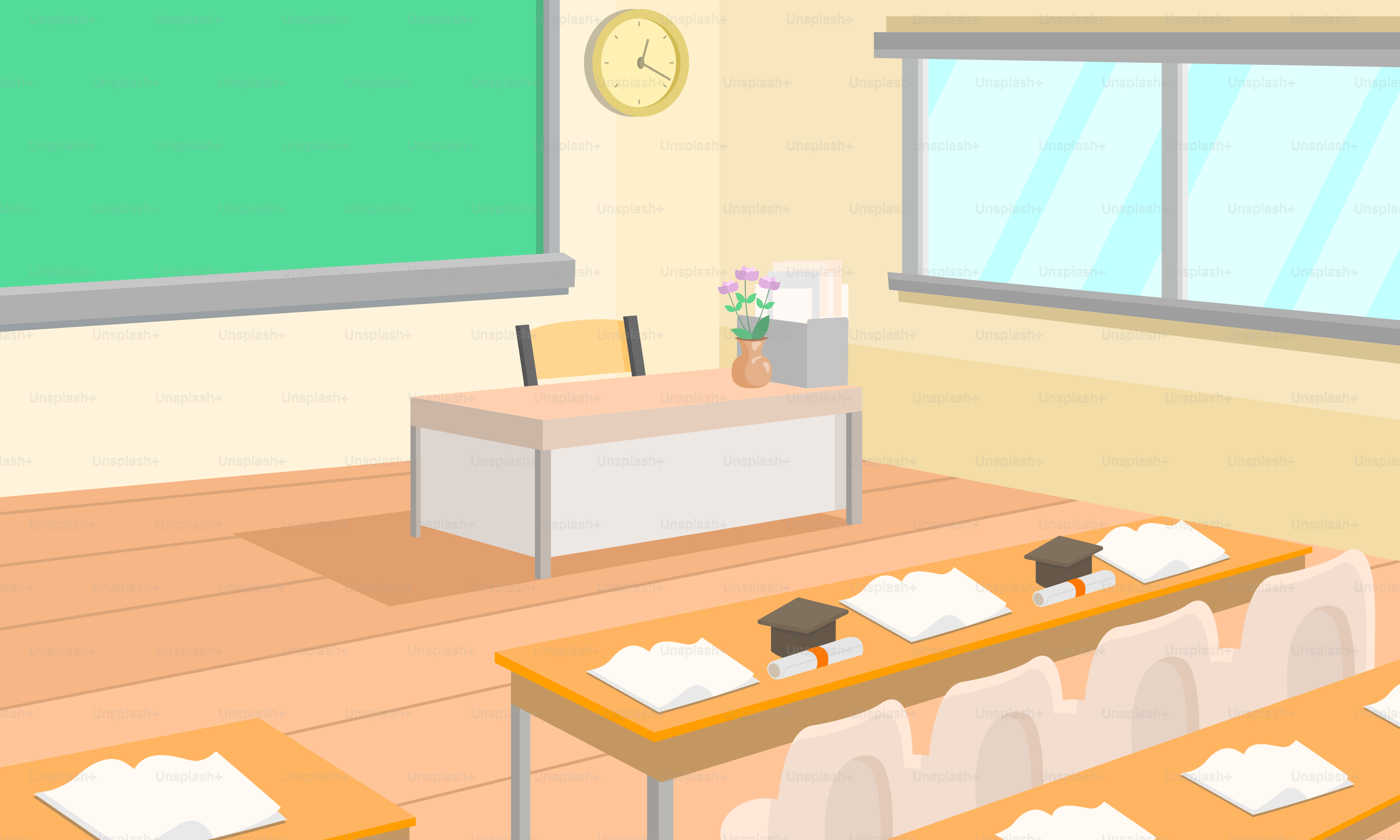 Un aula con pupitres y una pizarra