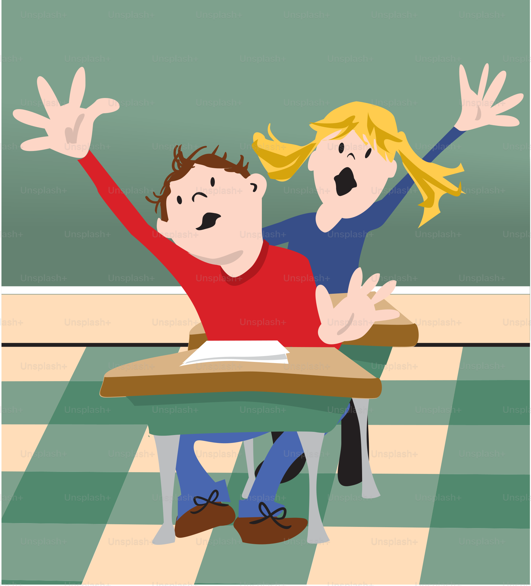 Un hombre y una mujer sentados en un escritorio con los brazos en alto