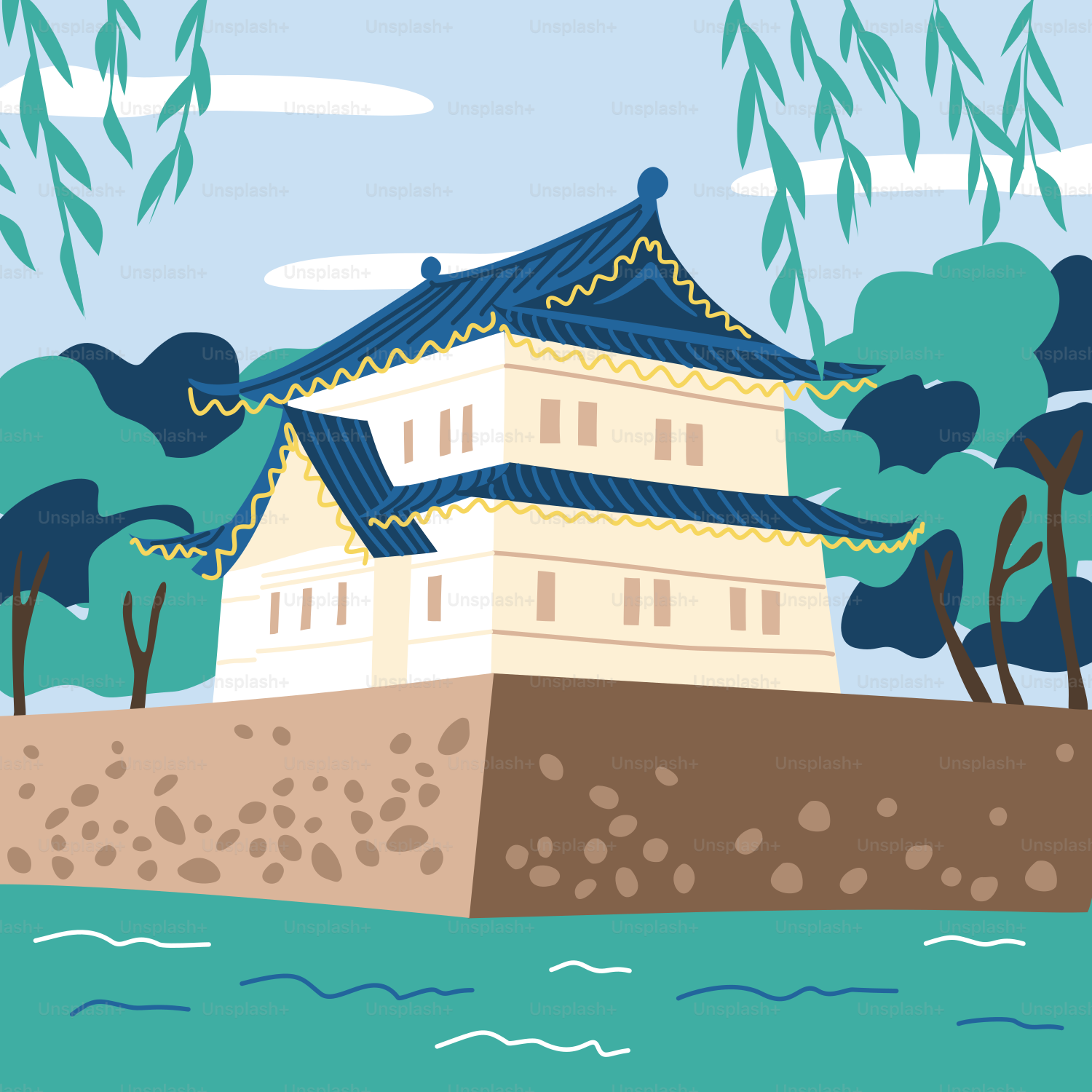 Un dibujo de un edificio en una pequeña isla