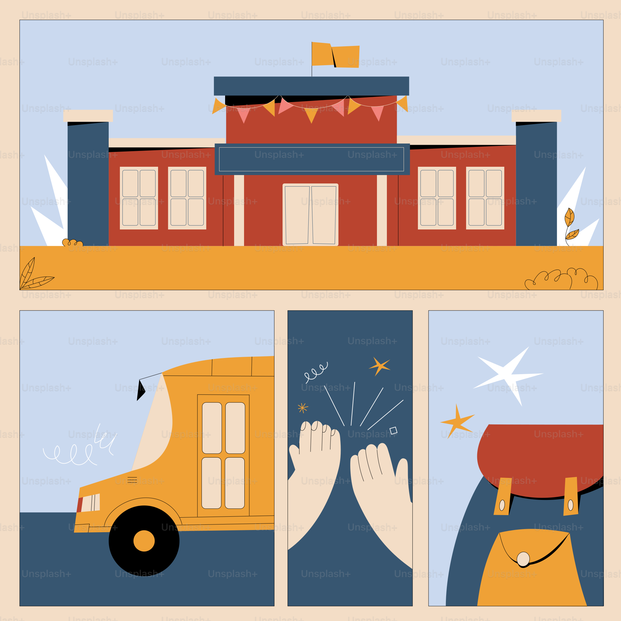 A series of illustrations of a school bus