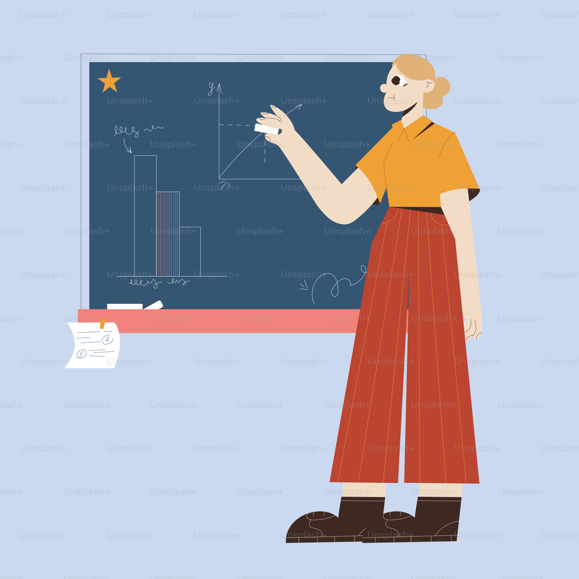 A woman standing in front of a blackboard