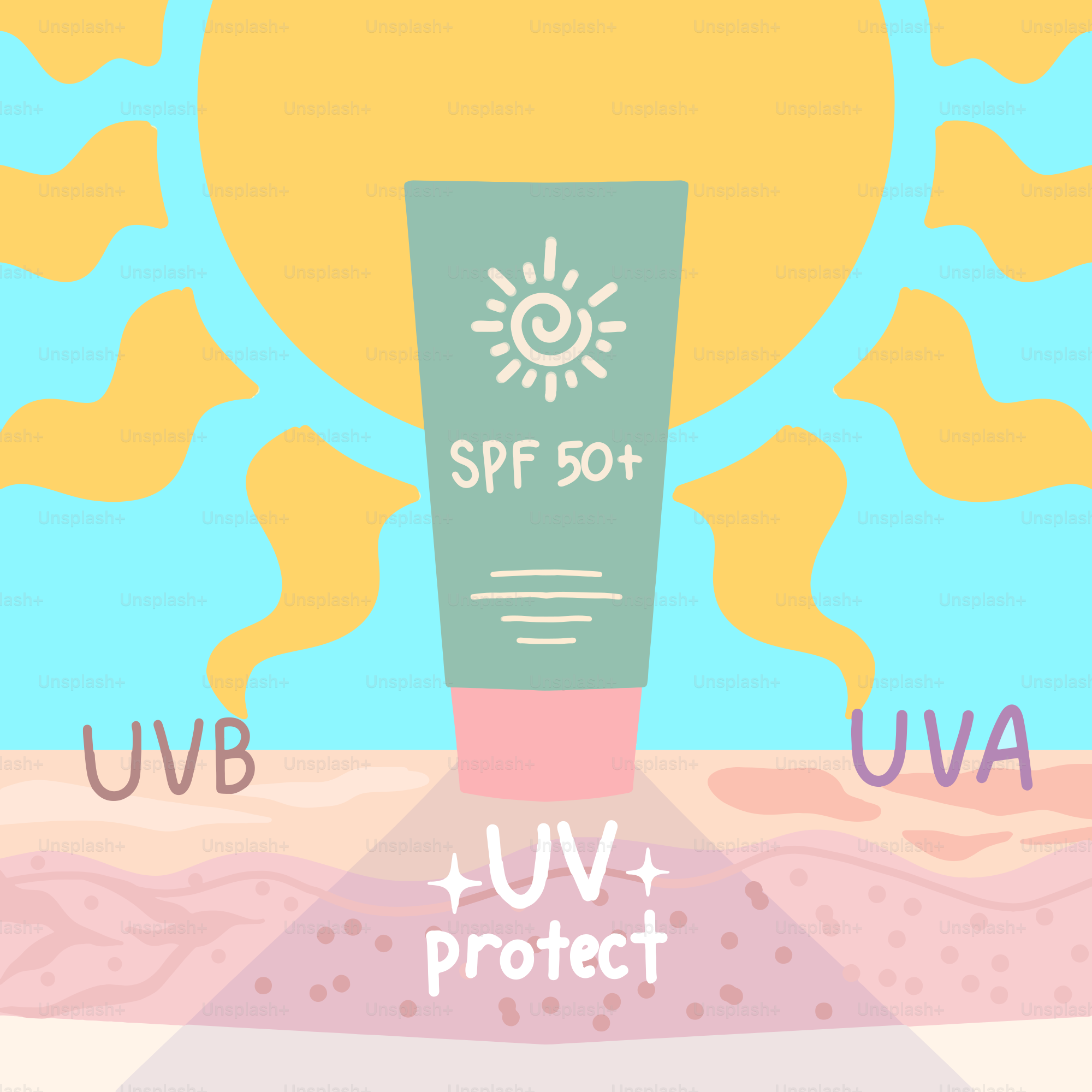 A cartoon of a sun and a tube of sunscreen