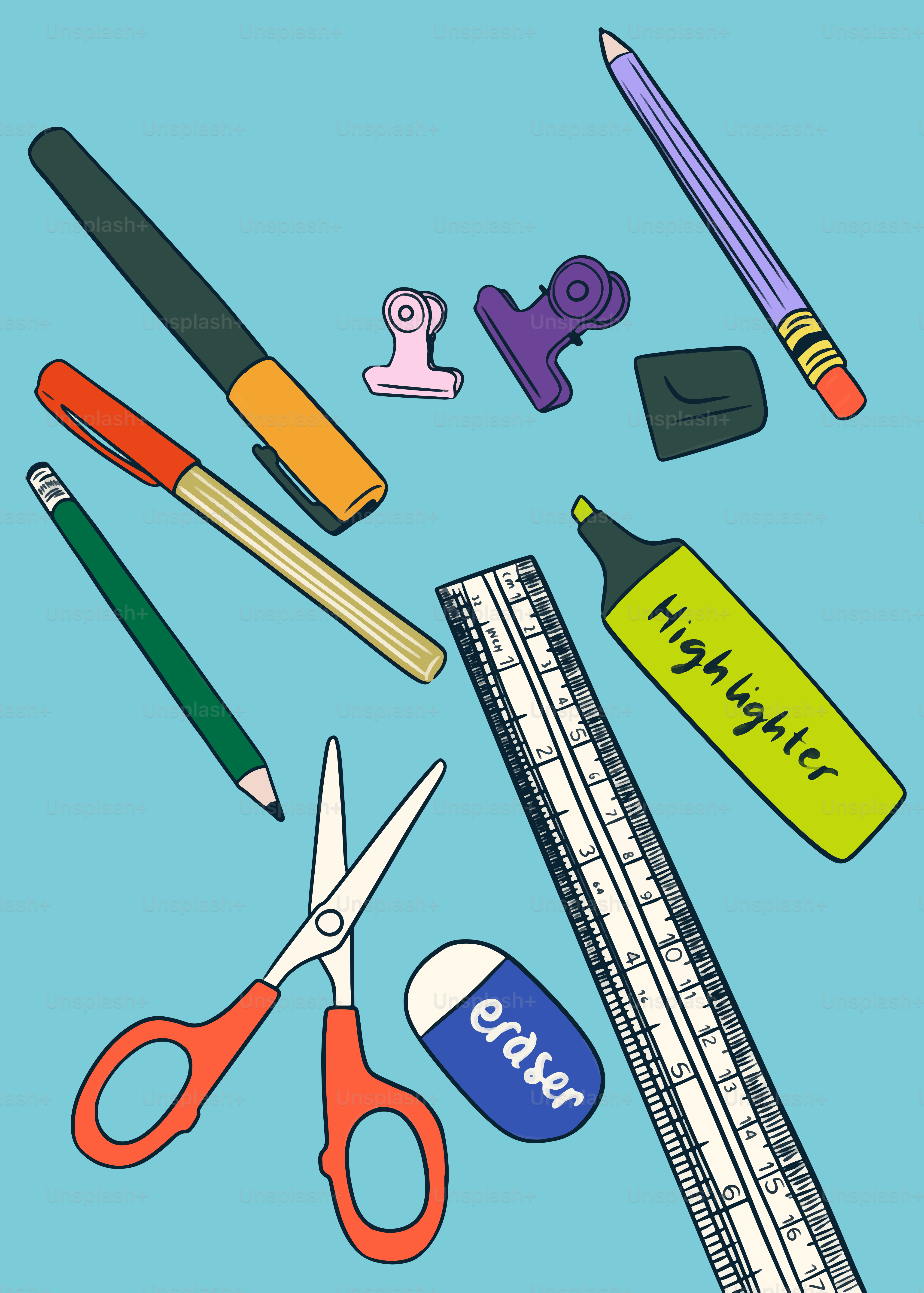 Un fond bleu avec une règle, des ciseaux et d’autres objets