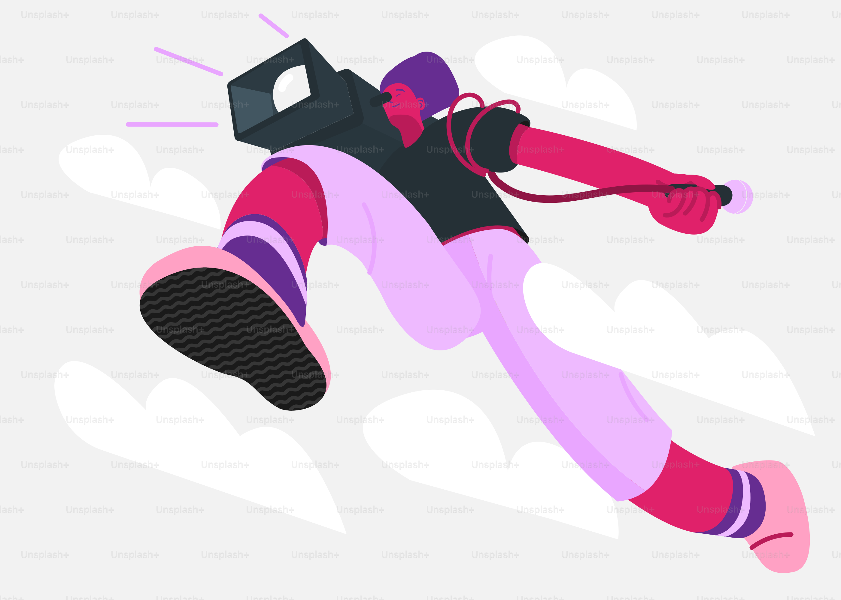 A woman flying through the air while holding a camera