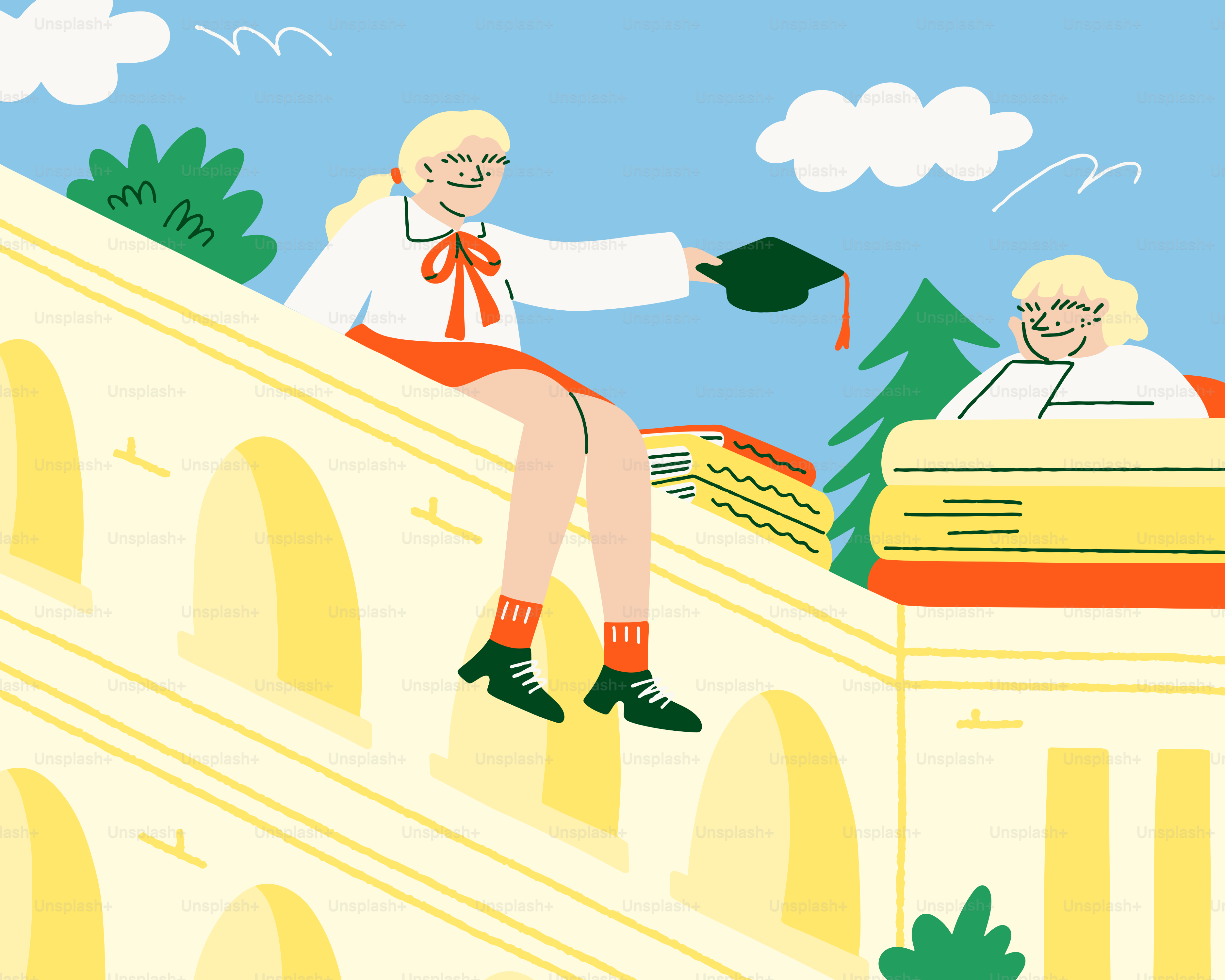 Un par de personas sentadas en lo alto de un edificio