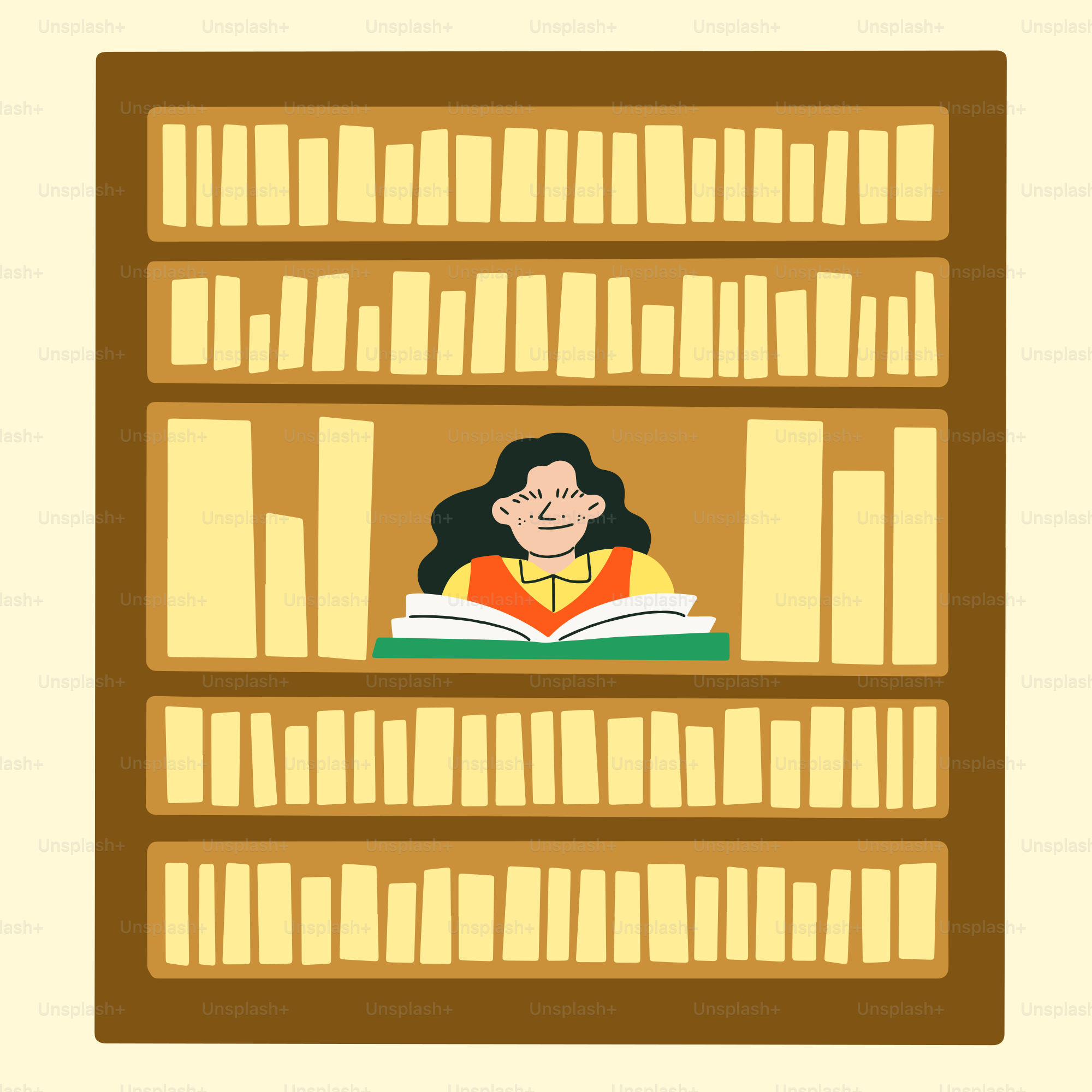 Una mujer está leyendo un libro en una biblioteca