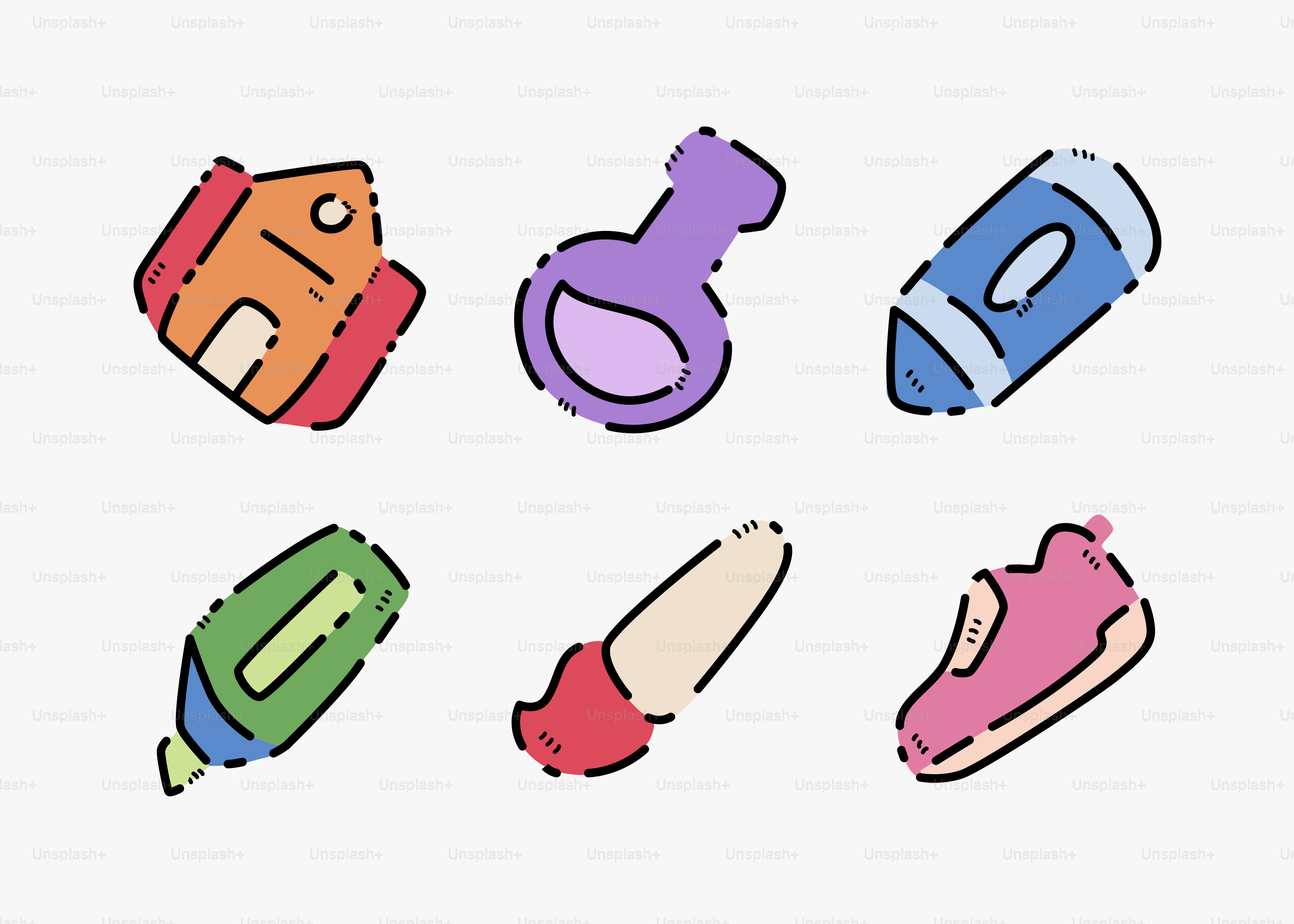 A group of different colored objects on a white background
