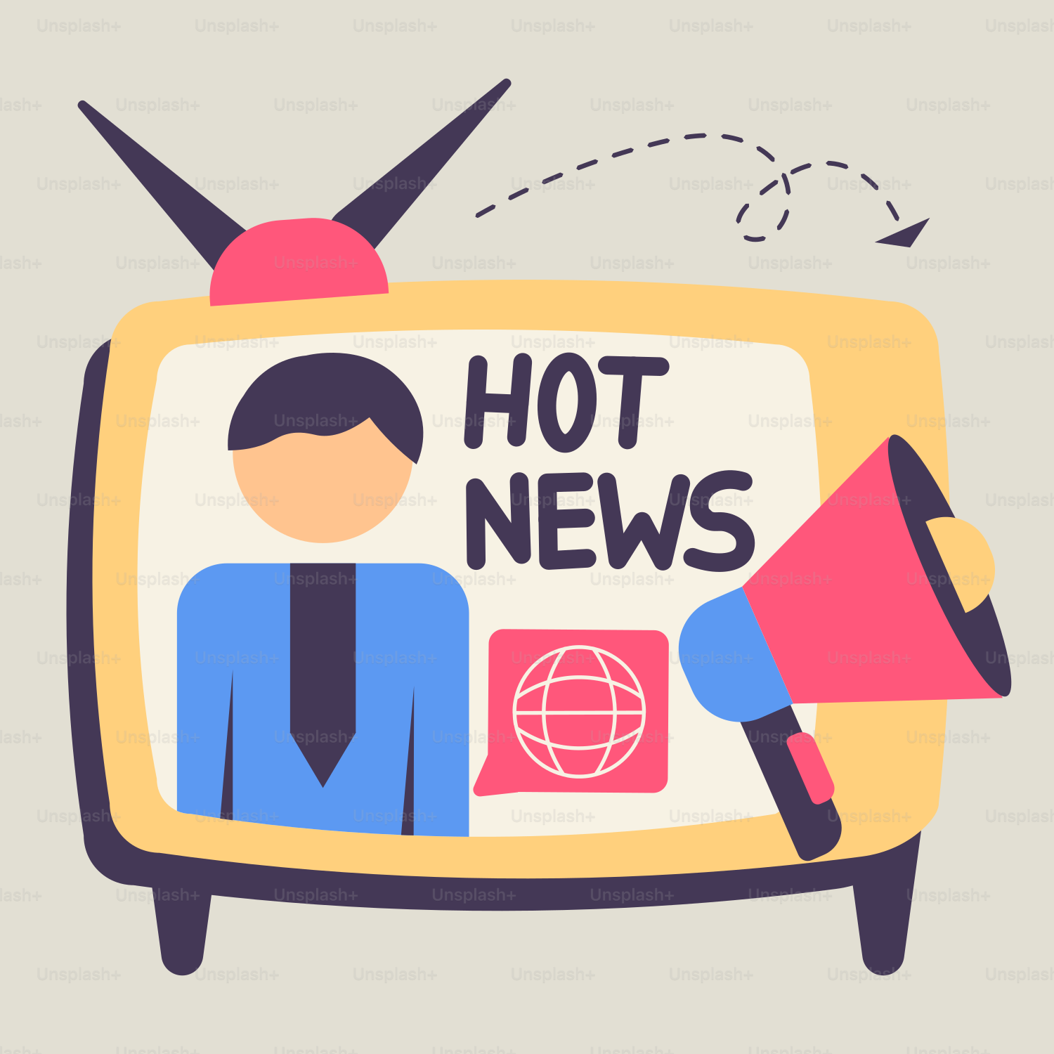 Ein Mann hält ein Megafon und einen Fernseher mit den Worten "Hot News" in der Hand
