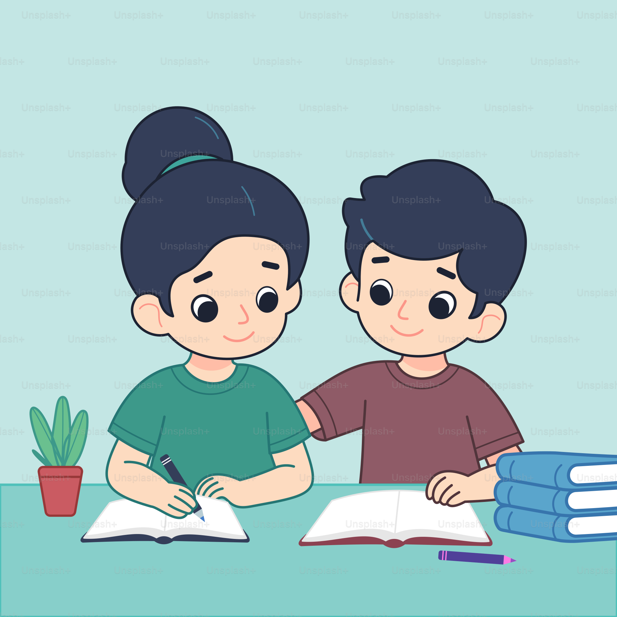 책을 펼치는 테이블에 앉아 있는 소년과 소녀 벡터 – Unsplash의 책 이미지, image size:3000x3000