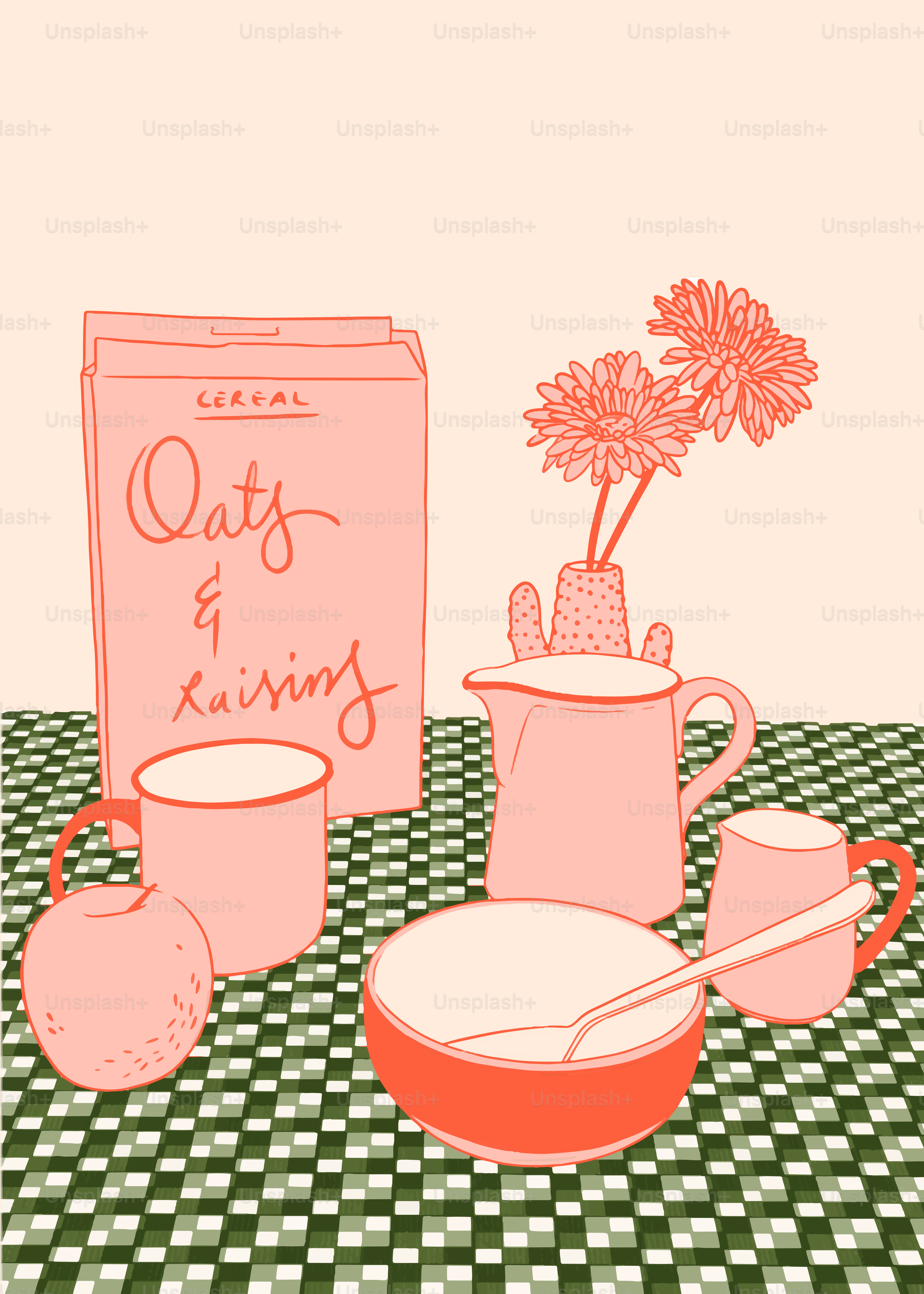 A table topped with a bowl of food and a vase of flowers