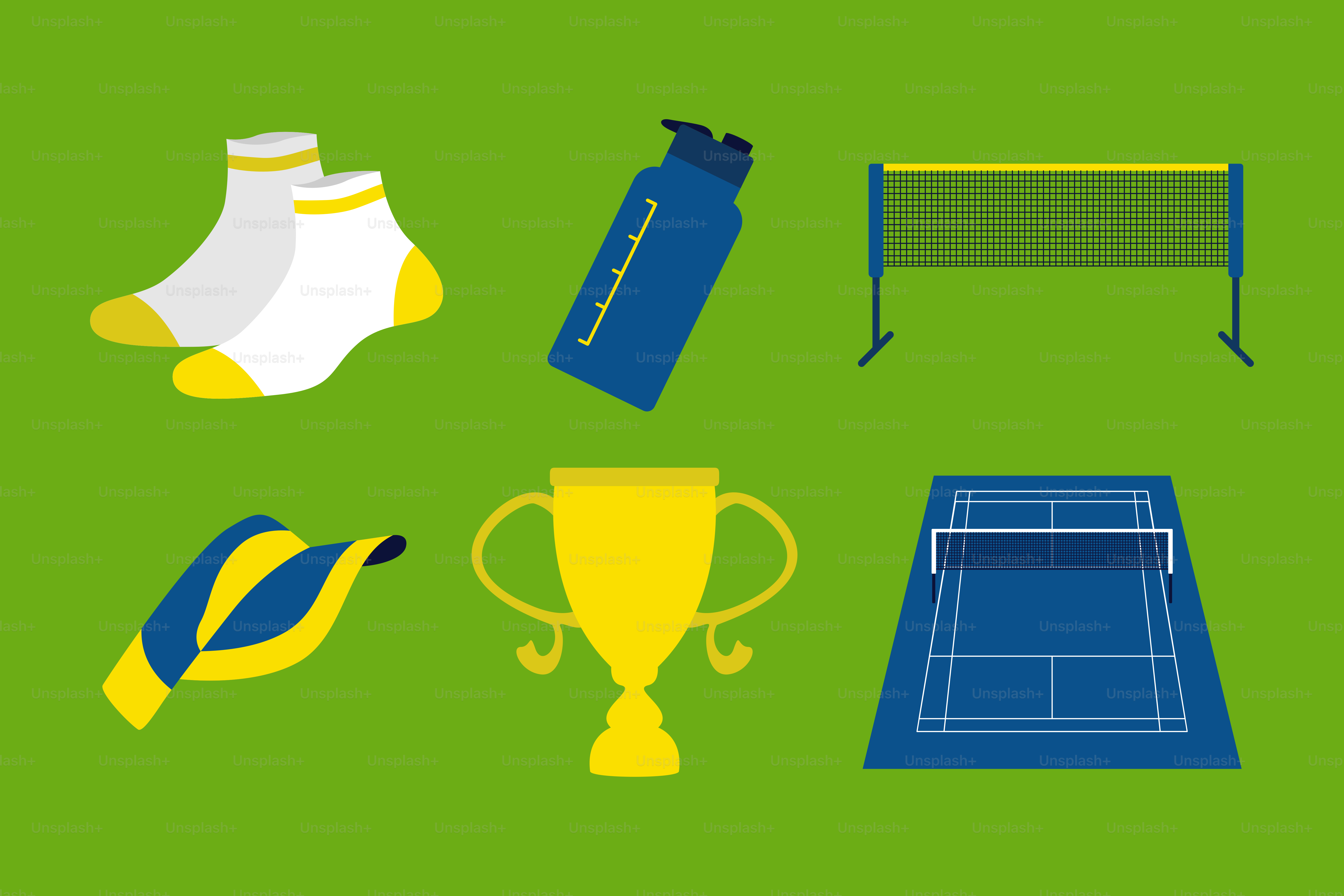 A green background with various items for a tennis match