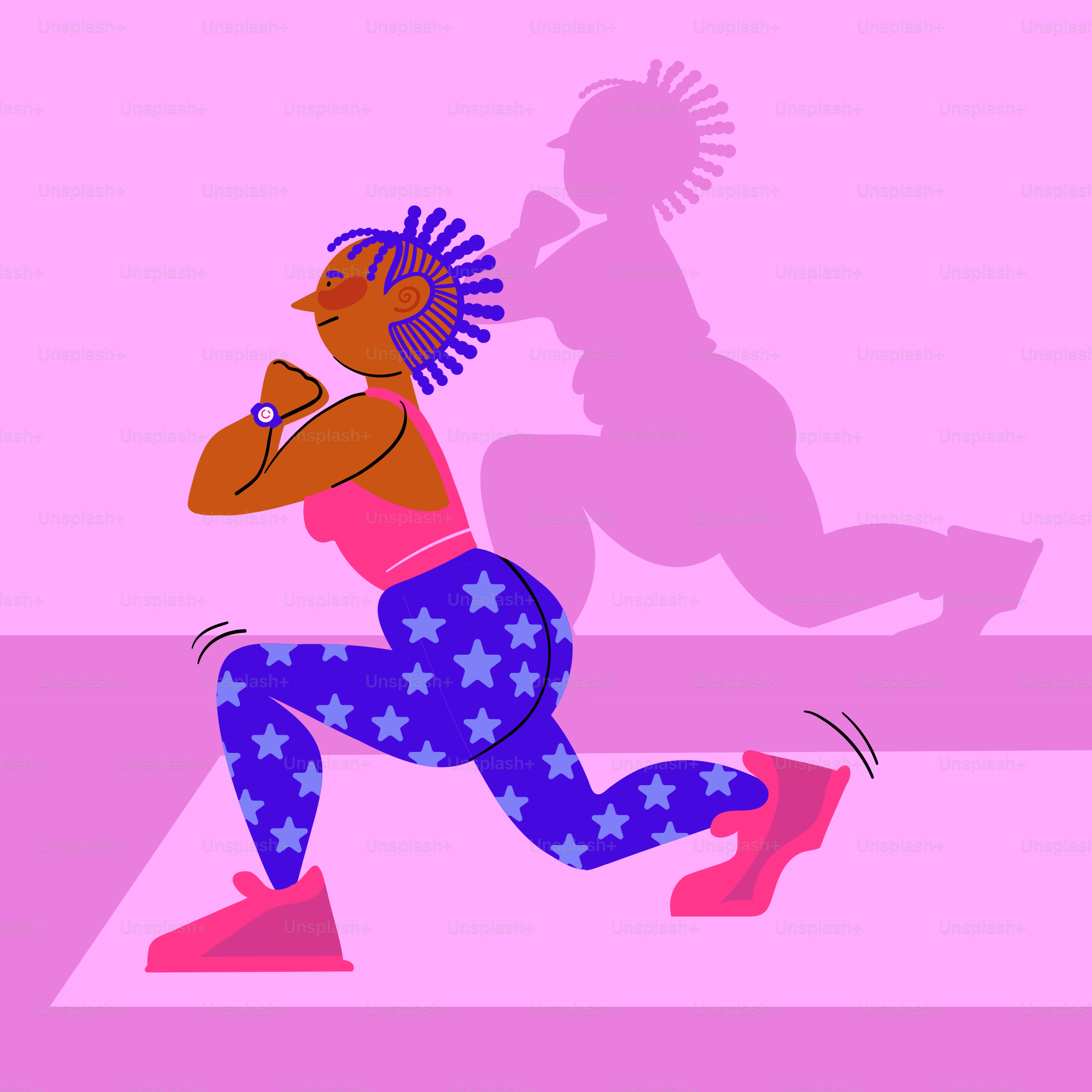 A woman is running on a pink background
