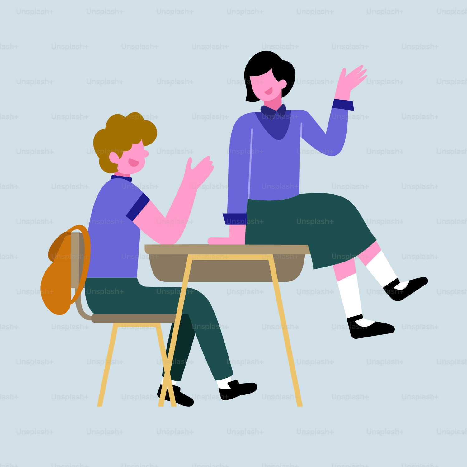 Two people sitting at a table talking to each other