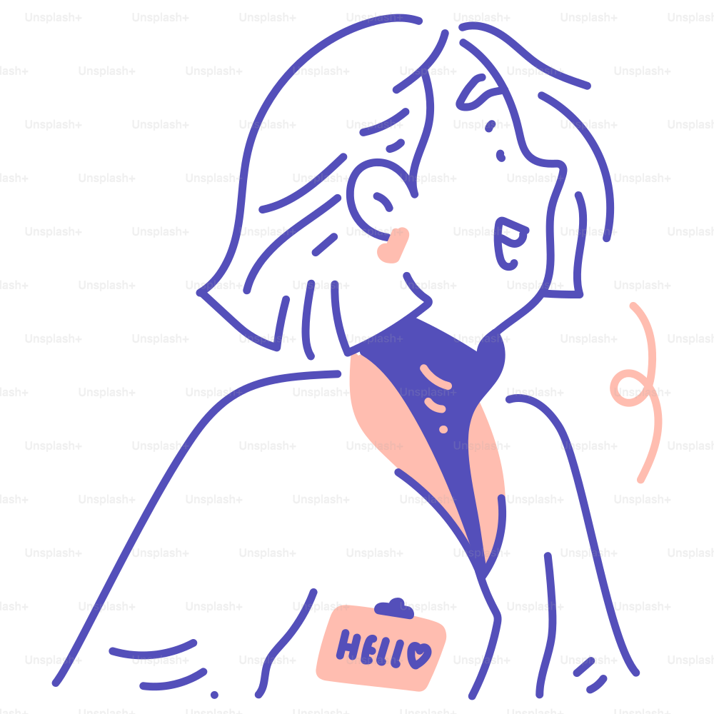 A drawing of a woman with a name tag