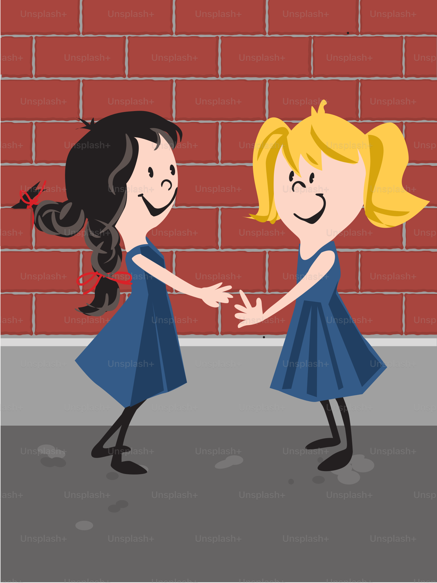 A couple of girls standing next to a brick wall