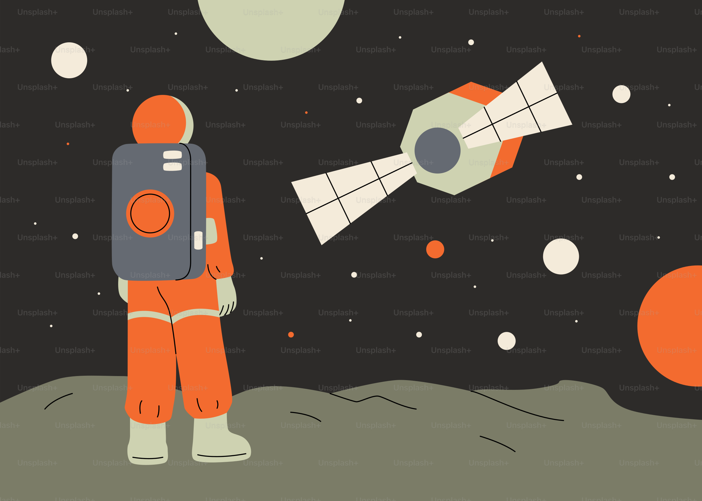 A man in an orange space suit looking at a space shuttle