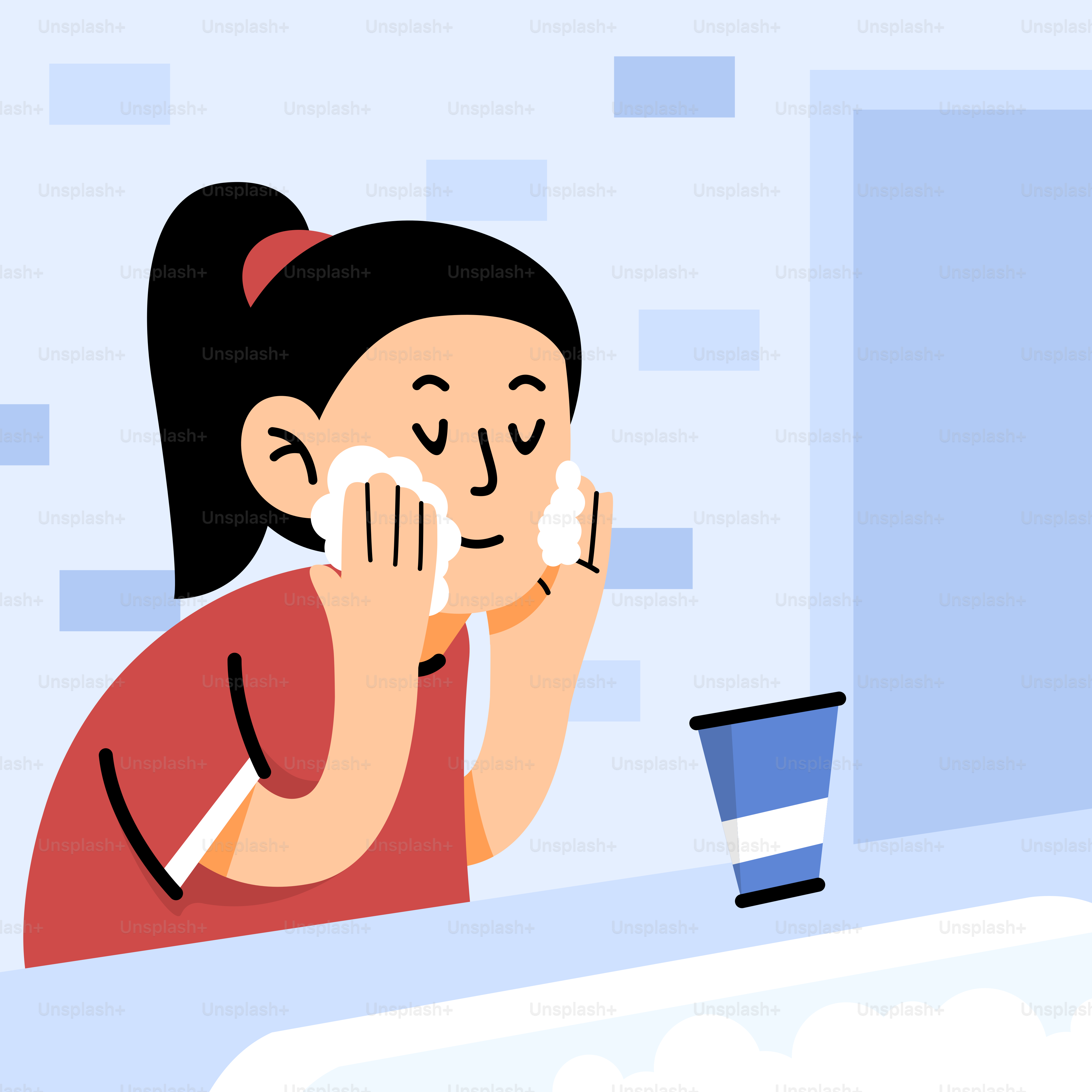 A woman wiping her face in front of a mirror