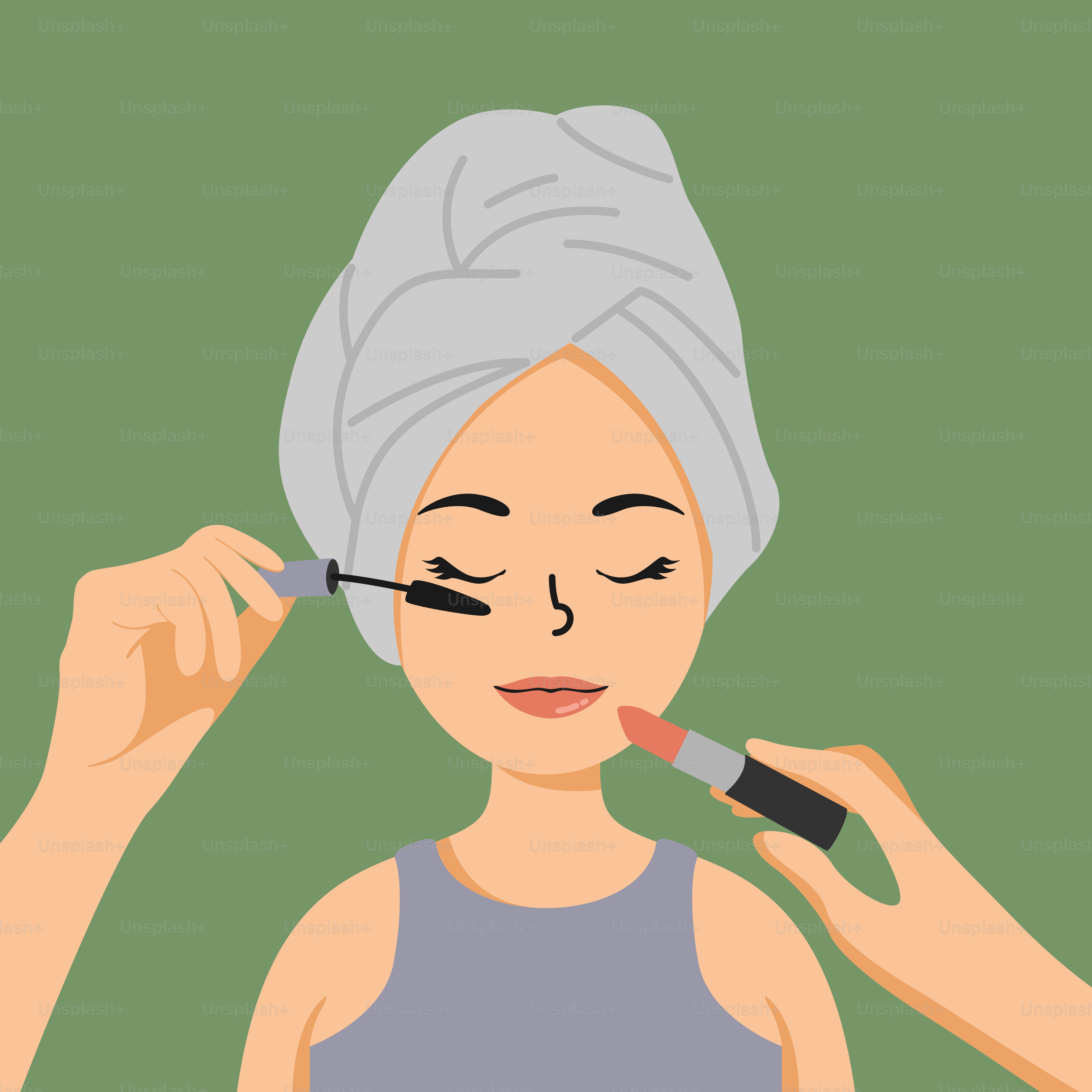 A woman with a towel on her head is doing makeup