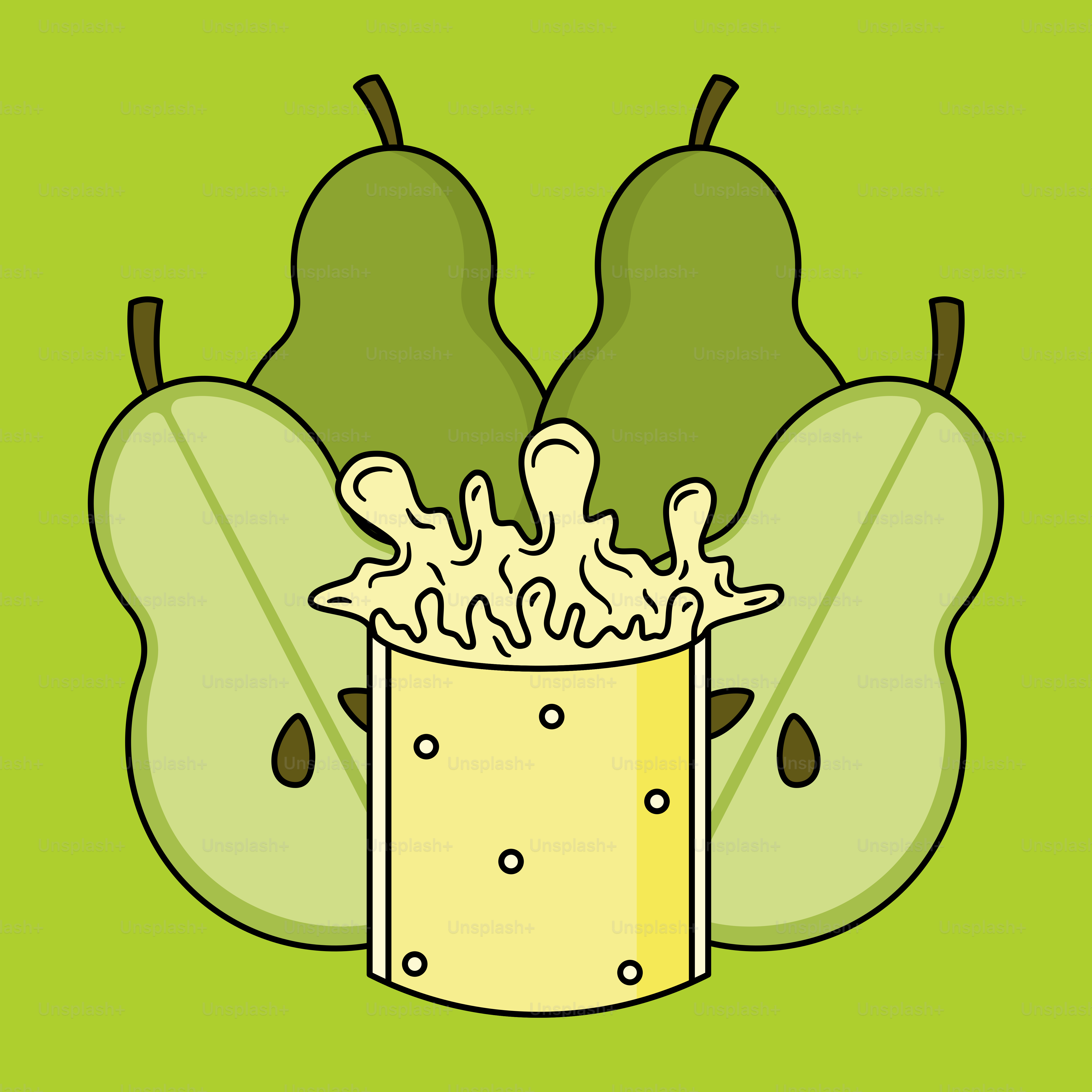 A green background with pears and a glass of milk