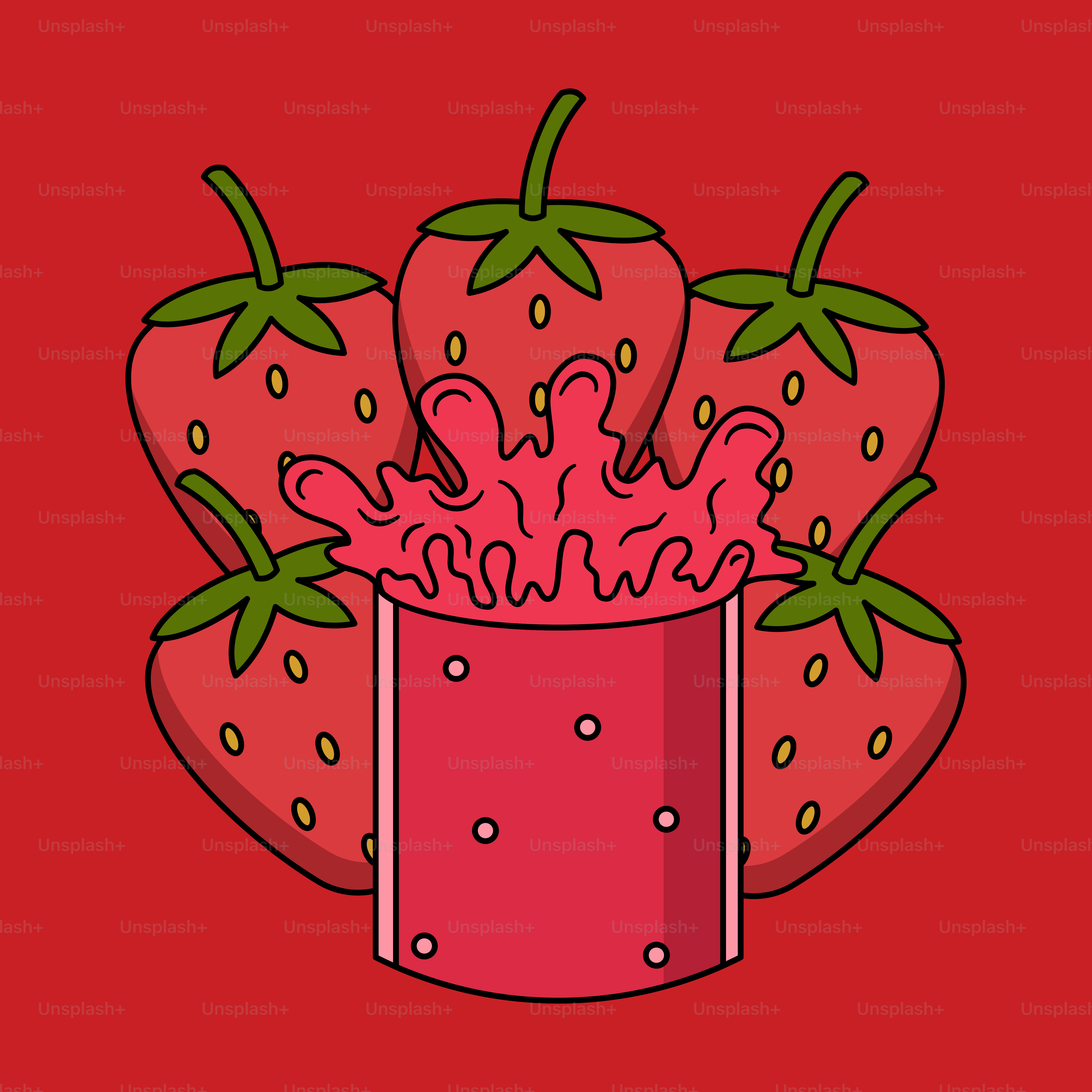 A bunch of strawberries in a pink cup on a red background