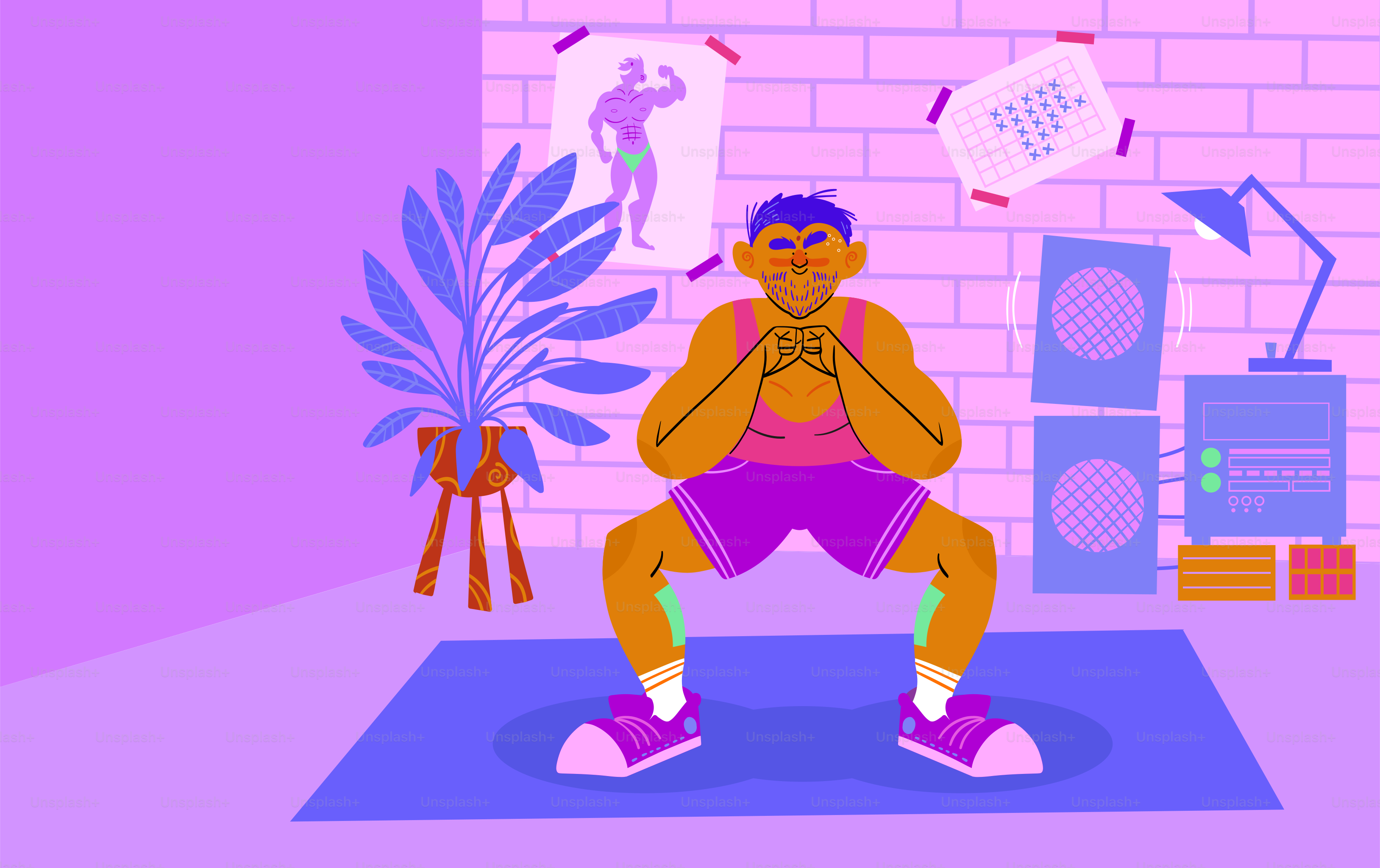 A man sitting on a yoga mat in front of a brick wall