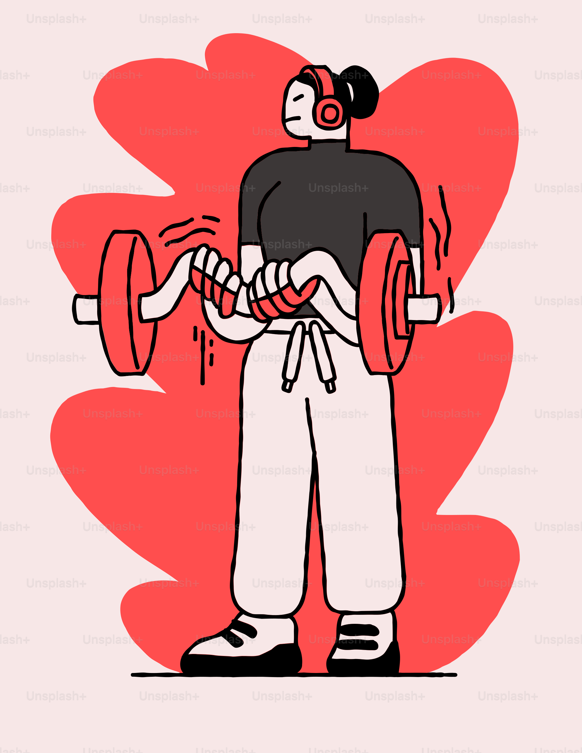 A man holding a barbell while wearing headphones