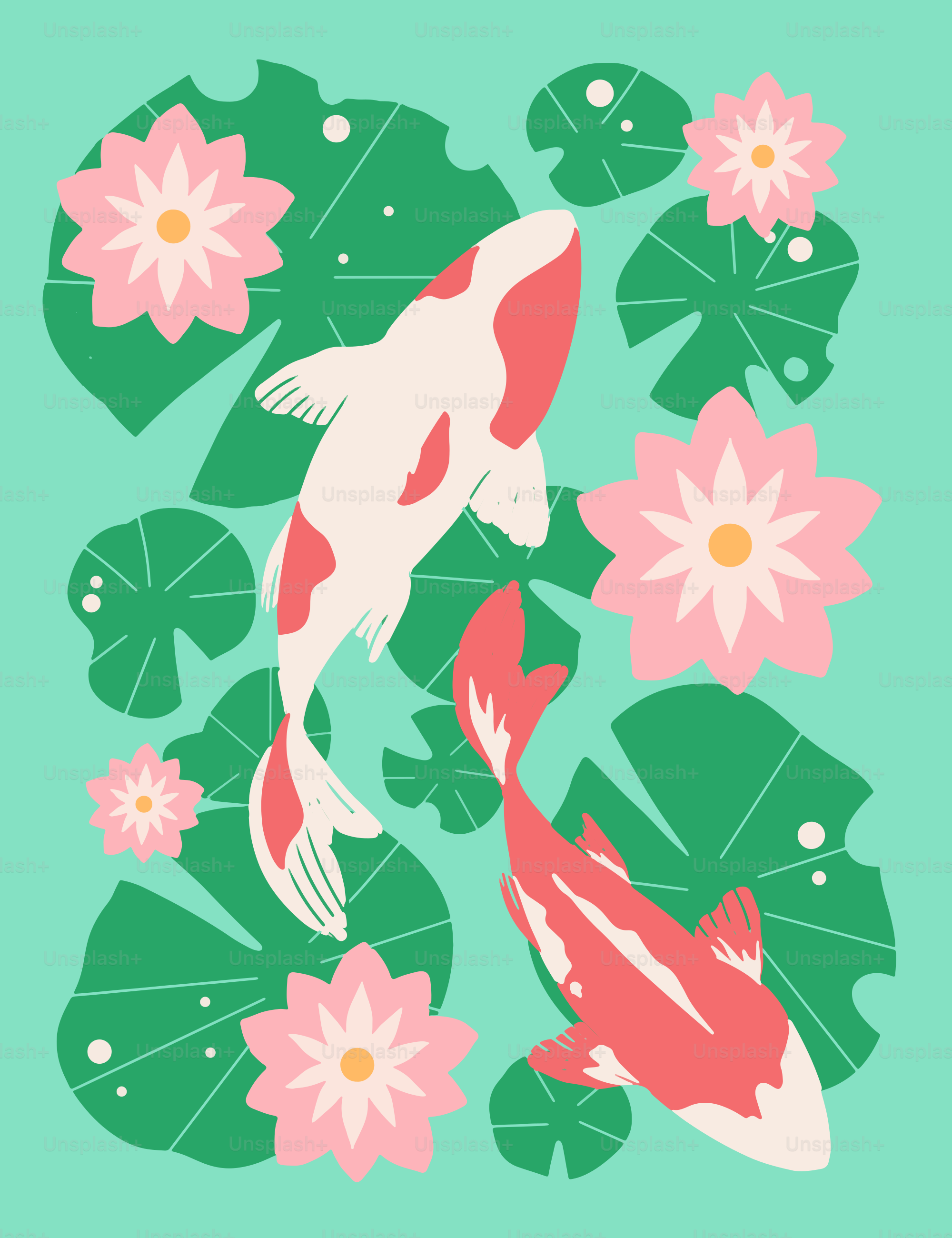 Zwei Koi-Fische, die in einem Teich schwimmen, umgeben von Seerosenblättern.