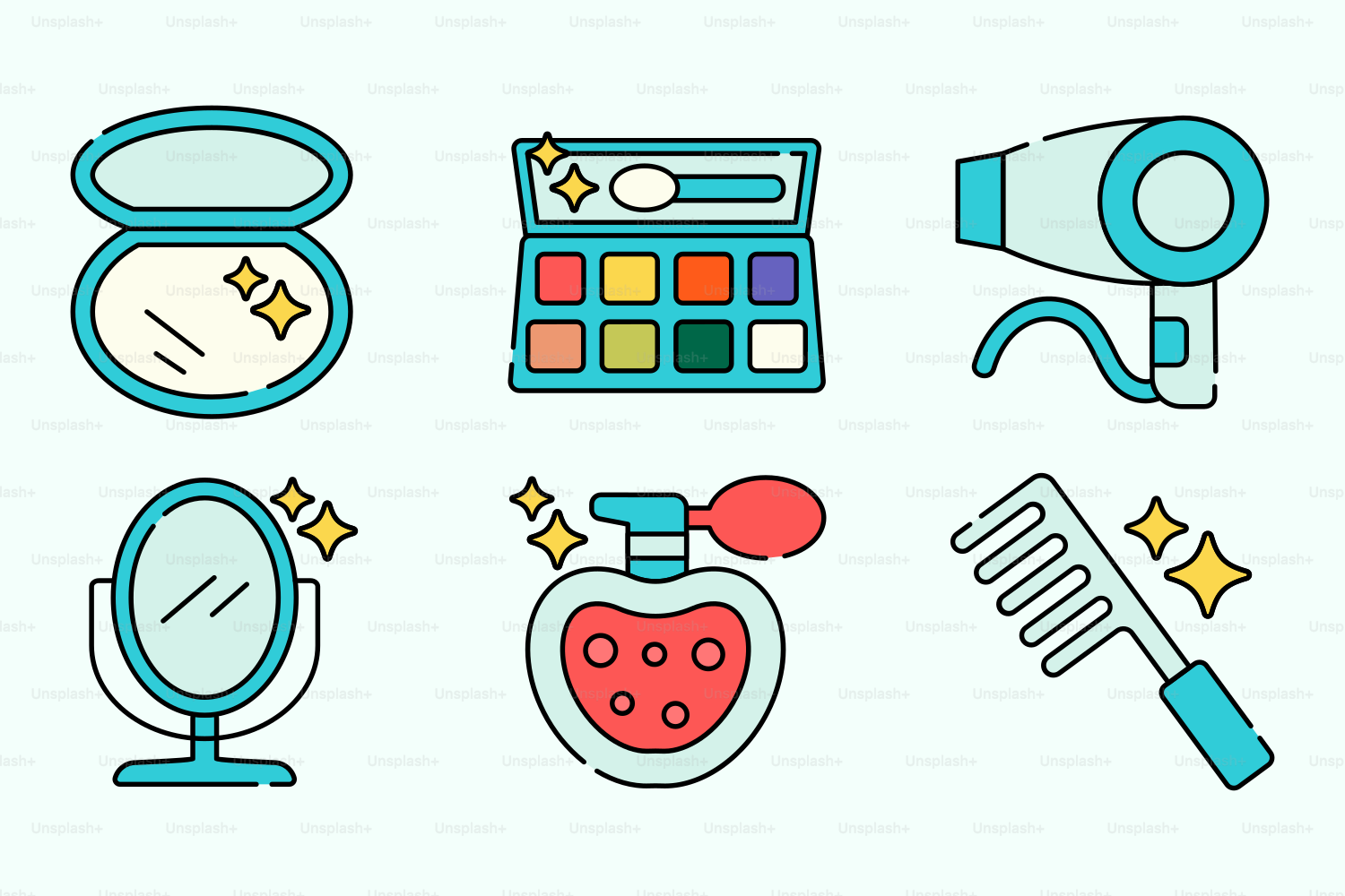 A set of different items that include a mirror, a blow dryer, a