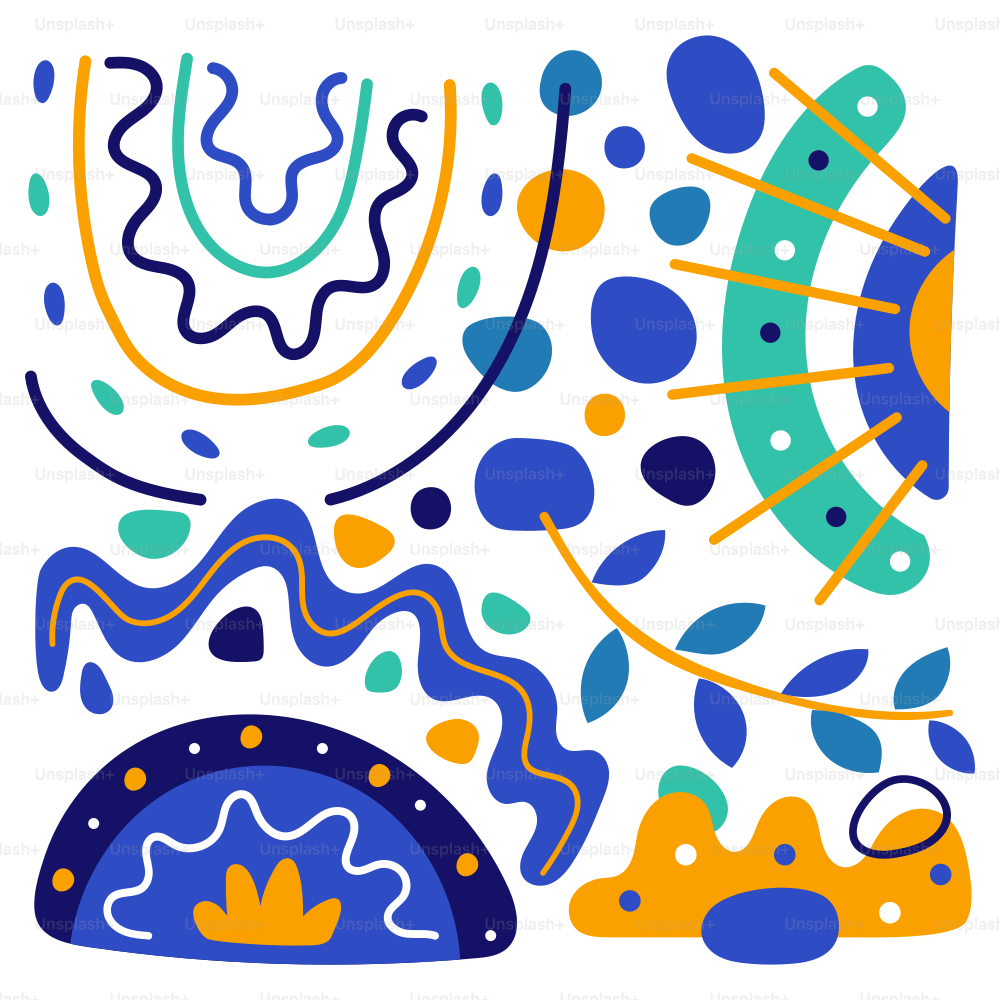 Uma pintura abstrata com cores azul, amarelo e laranja