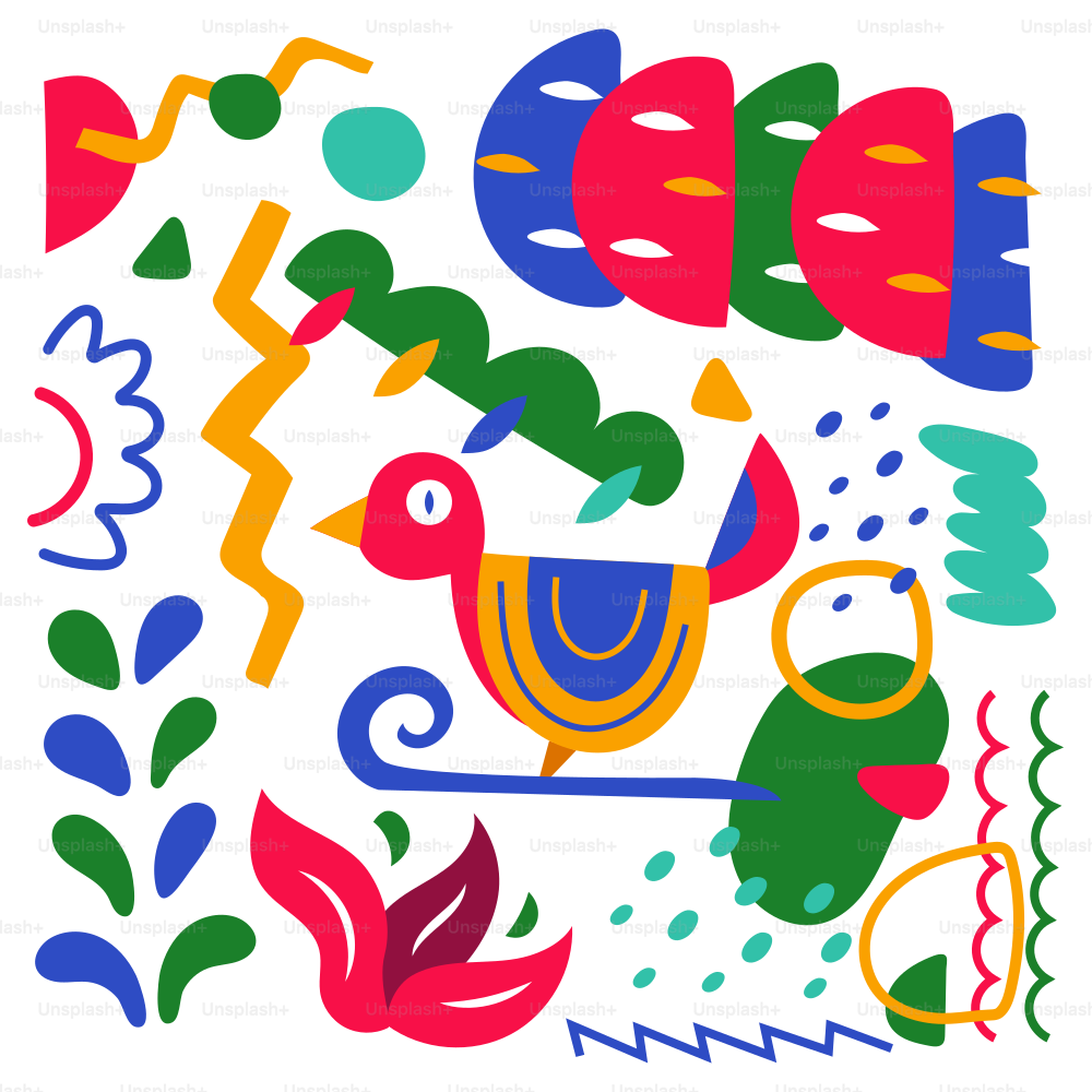 A colorful picture of a bird on a white background