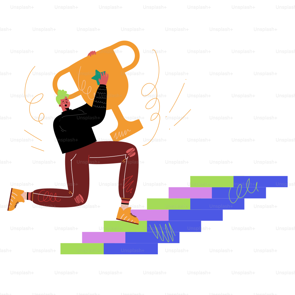 A man is running up the stairs with a trophy