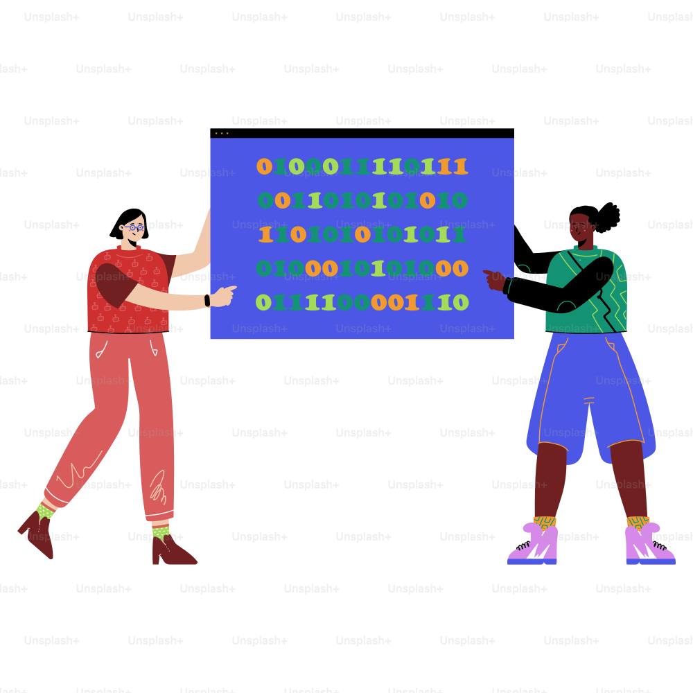 Two people standing in front of a large screen with numbers on it