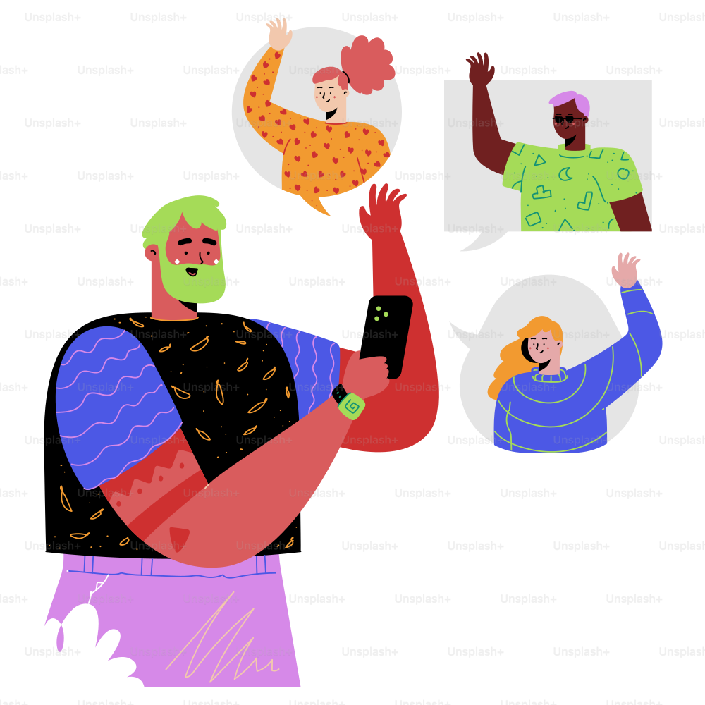 턱수염과 녹색 수염을 가진 남자는 말풍선을 가진 사람들에게 둘러싸여 있습니다