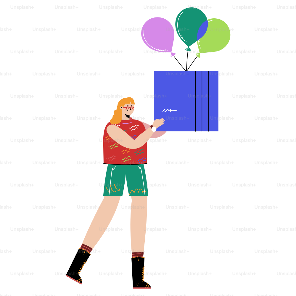 A woman carrying a box with balloons on it