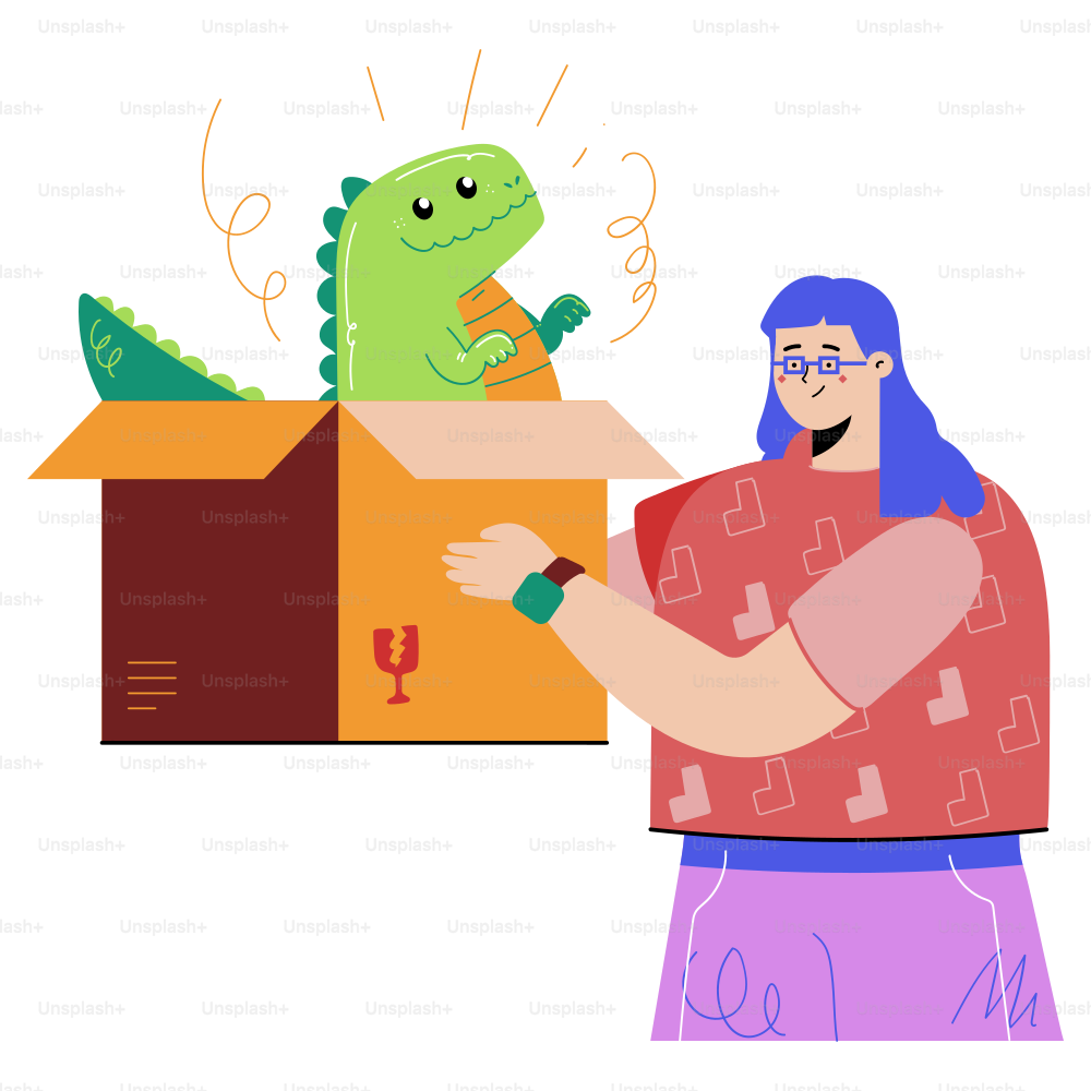 A woman opening a box with a dinosaur in it