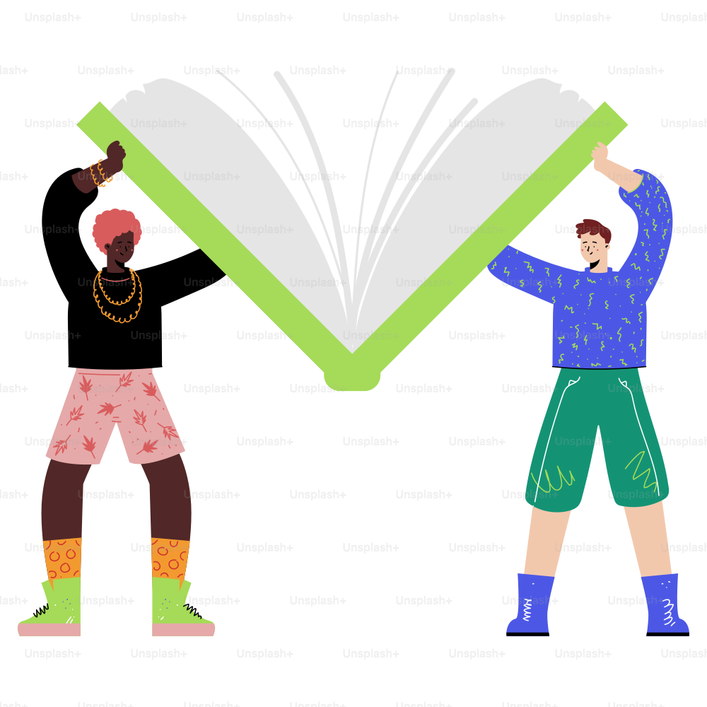 A couple of men standing next to each other in front of a book