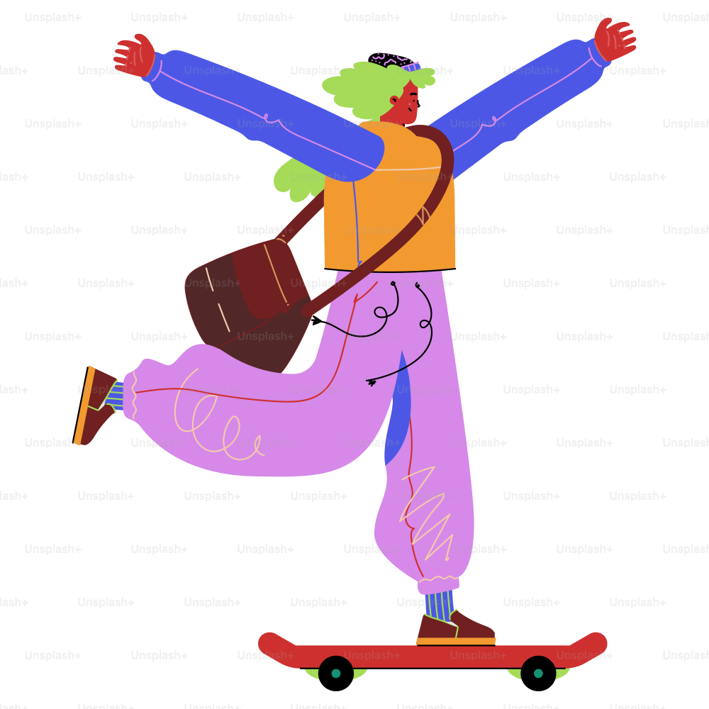 A man riding a skateboard with a bag on his back