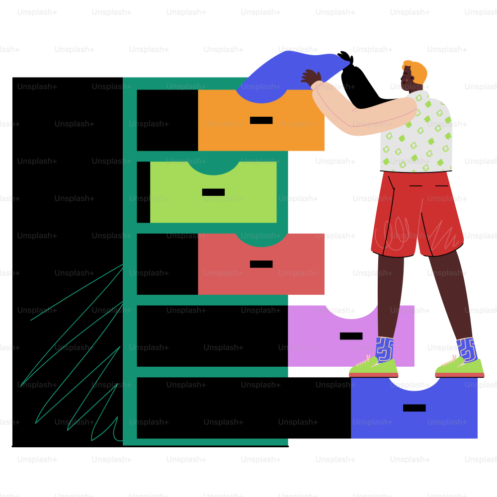 A man standing on top of a stack of drawers