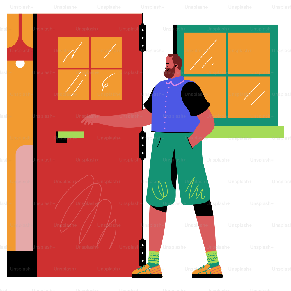 A man standing in front of a red door