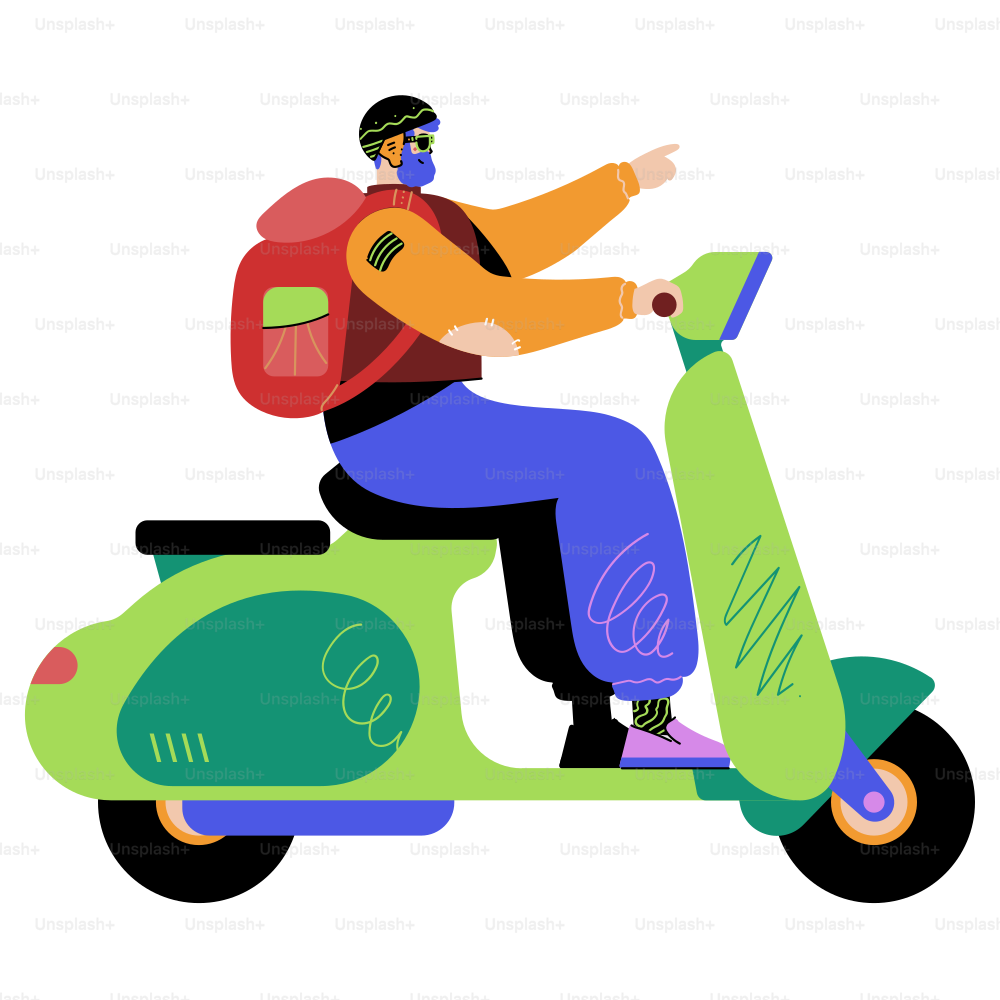 A man riding a scooter with a backpack on his back