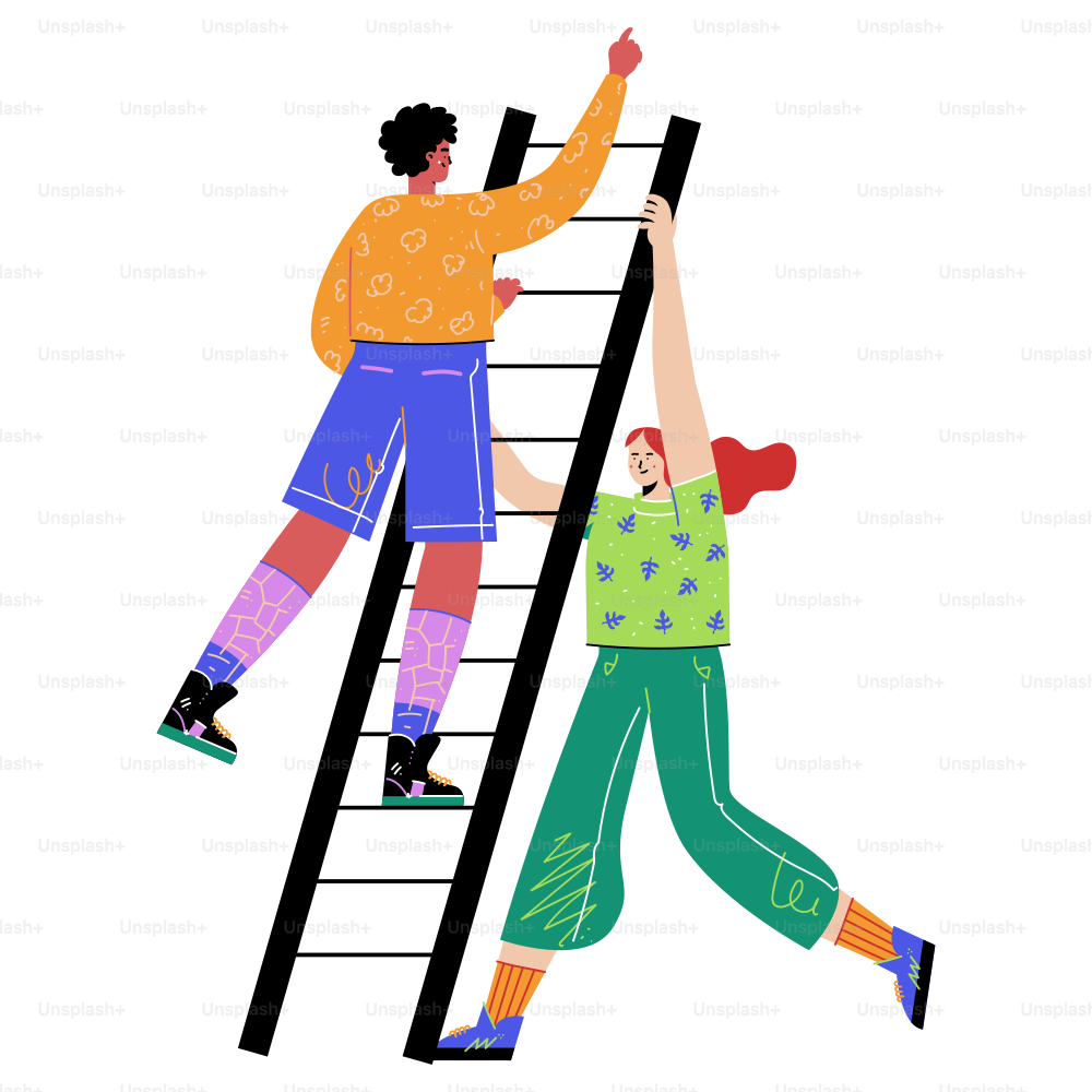 A couple of people climbing up a ladder