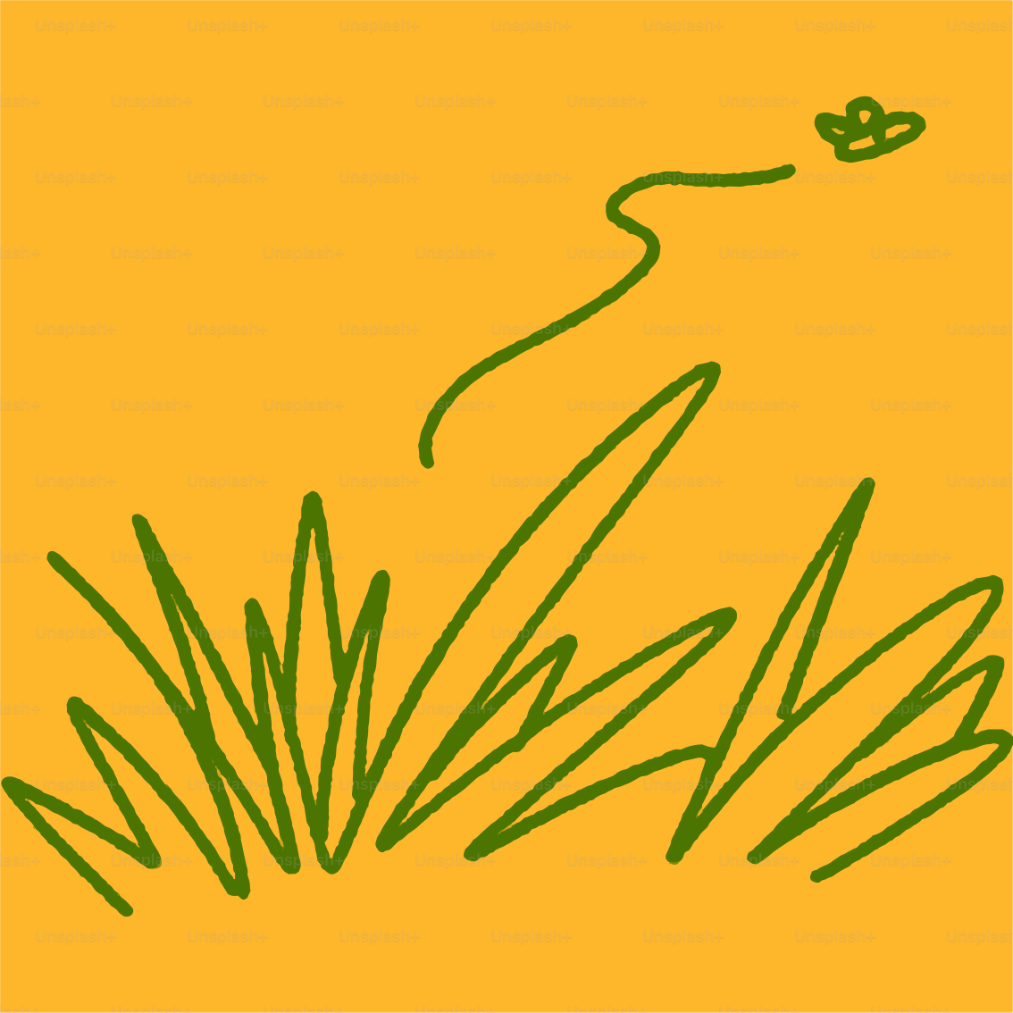 A drawing of grass and a butterfly on a yellow background