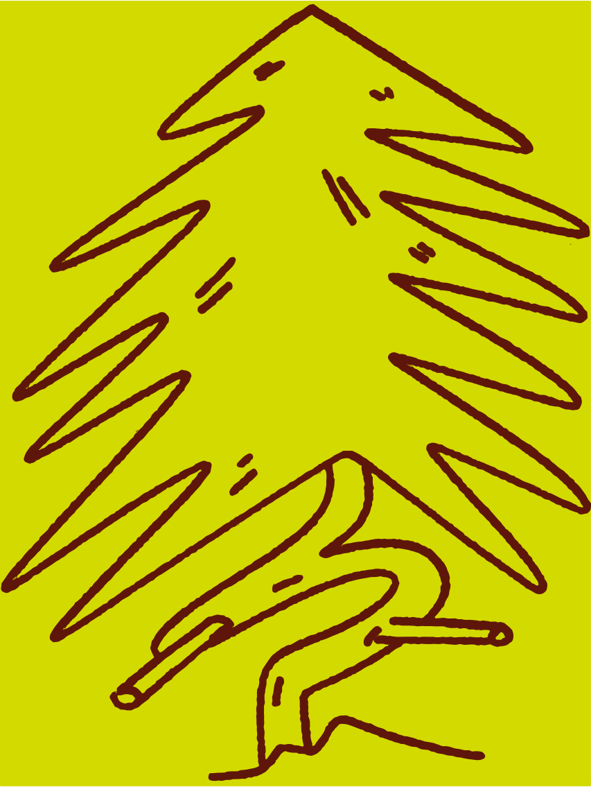 A drawing of a pine tree on a yellow background