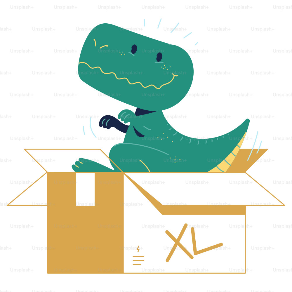 A dinosaur is sitting on top of a box